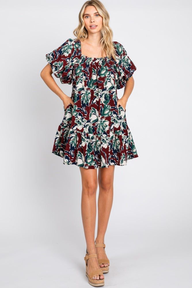 Burgundy Floral Puff Sleeve Dress sold by Pinkblush product image thumbnail 4