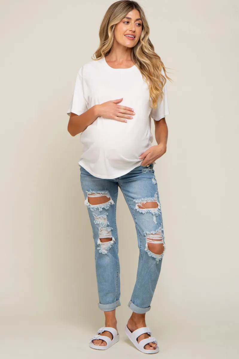Light Blue Distressed Cuffed Maternity Skinny Jeans sold by Pinkblush