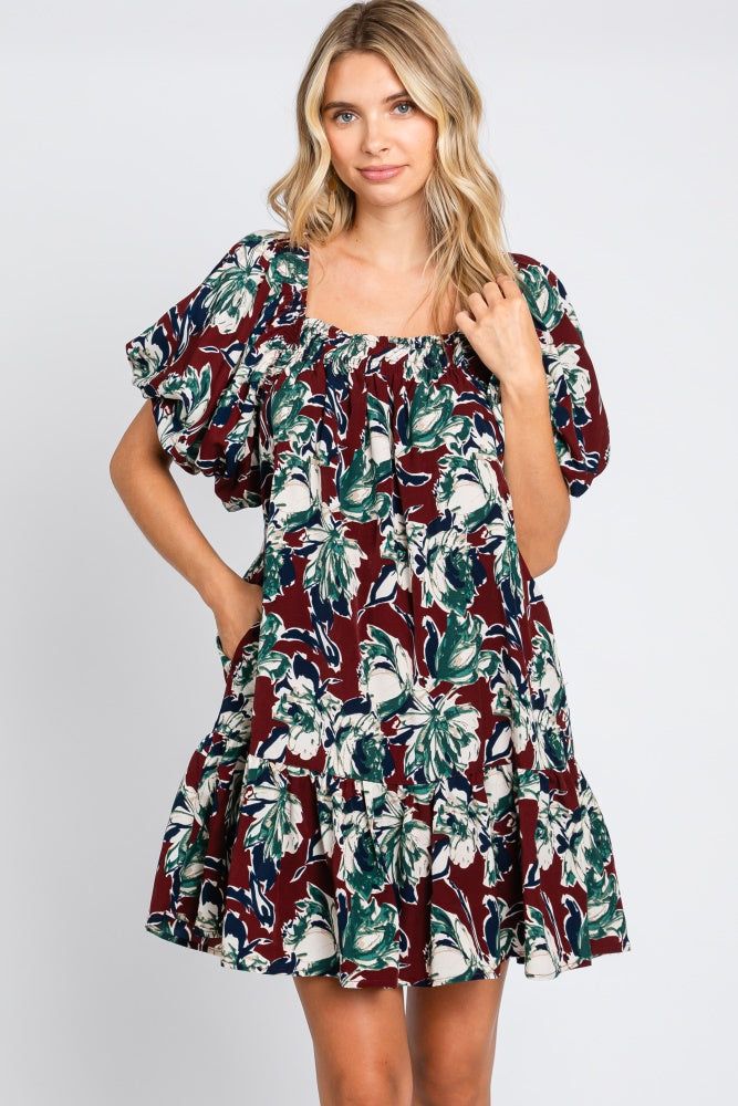 Burgundy Floral Puff Sleeve Dress sold by Pinkblush