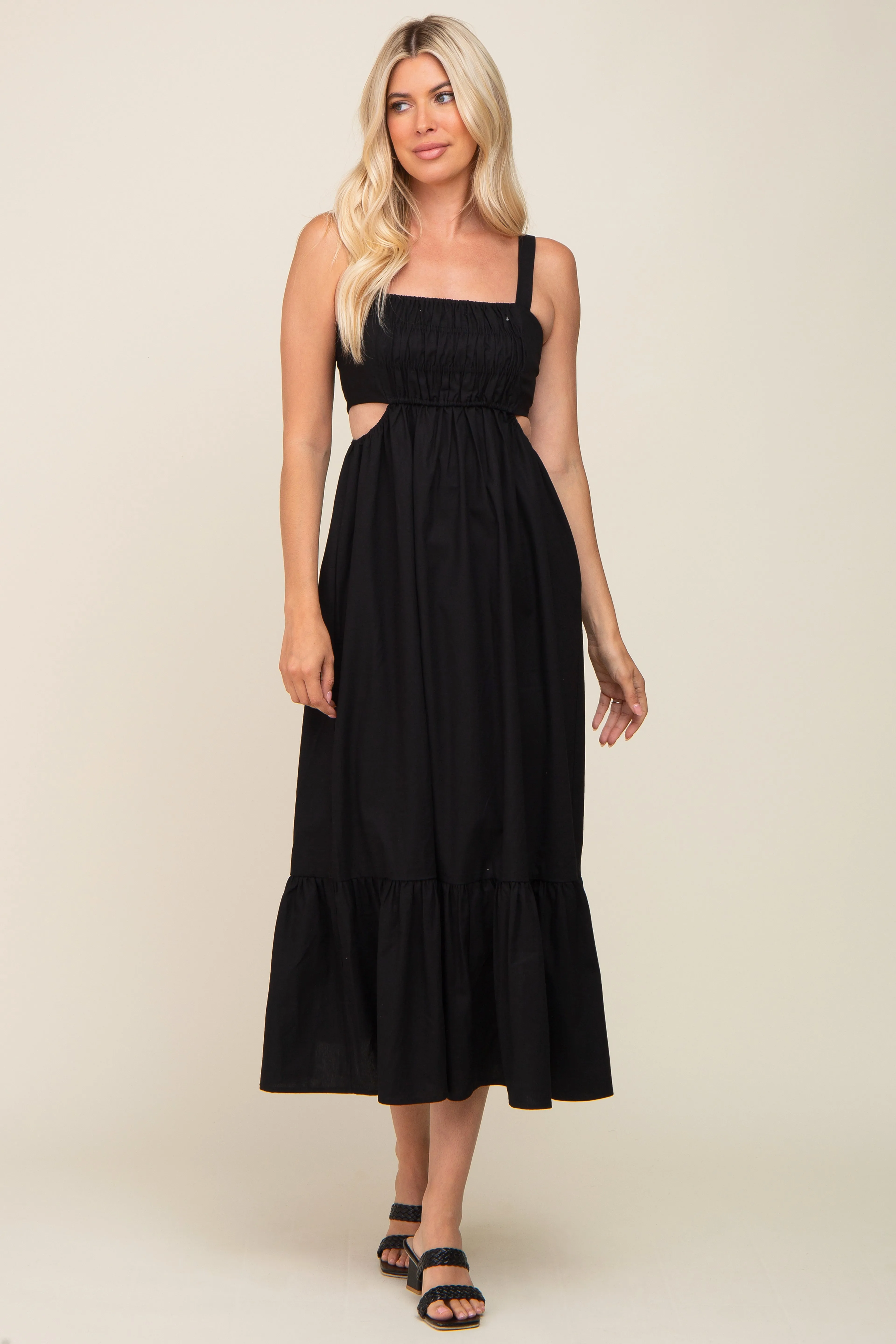 Black Sleeveless Cutout Ruffle Hem Maxi Dress sold by Pinkblush