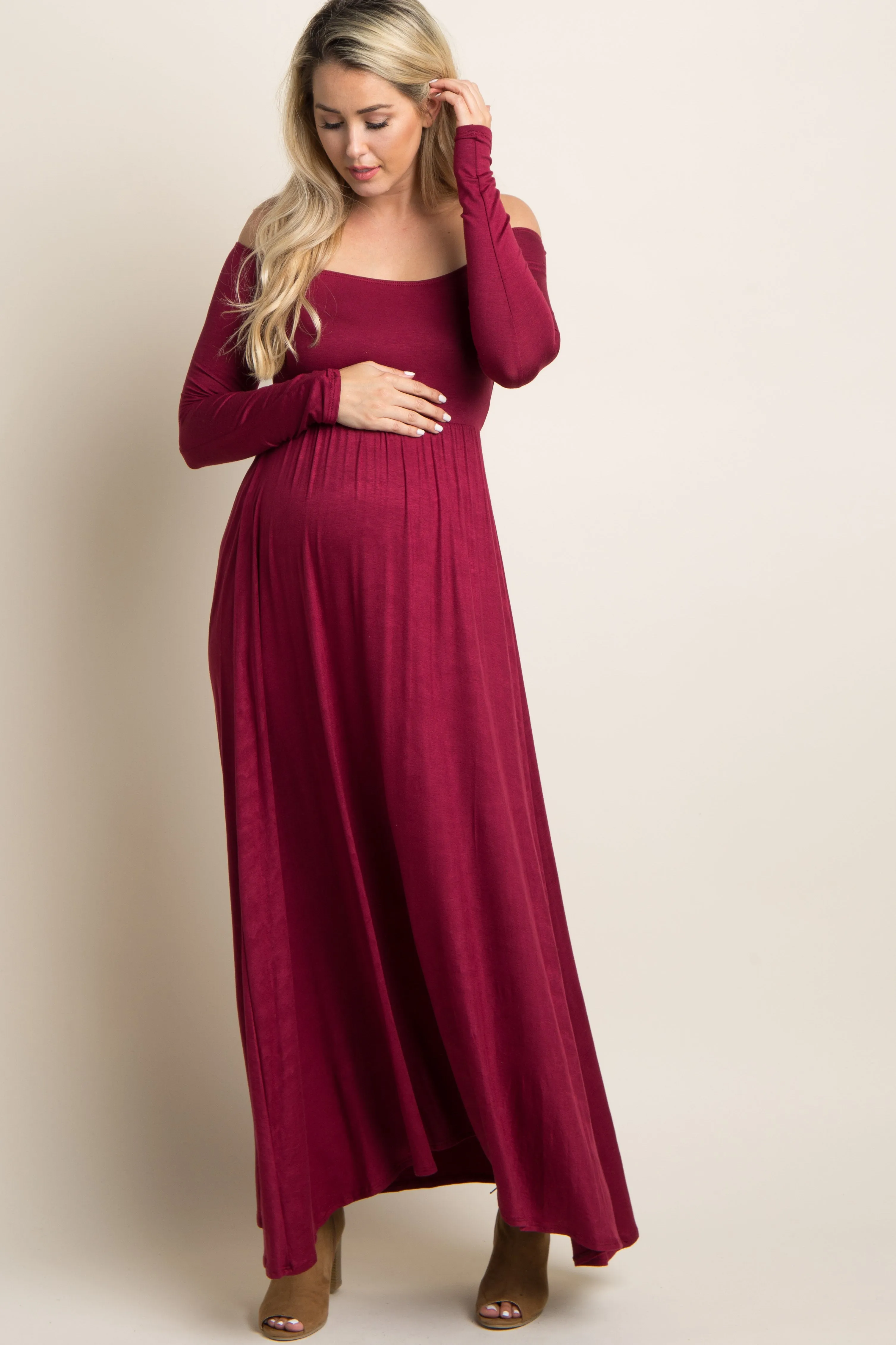 PinkBlush Petite Dark Burgundy Solid Off Shoulder Maternity Maxi Dress sold by Pinkblush