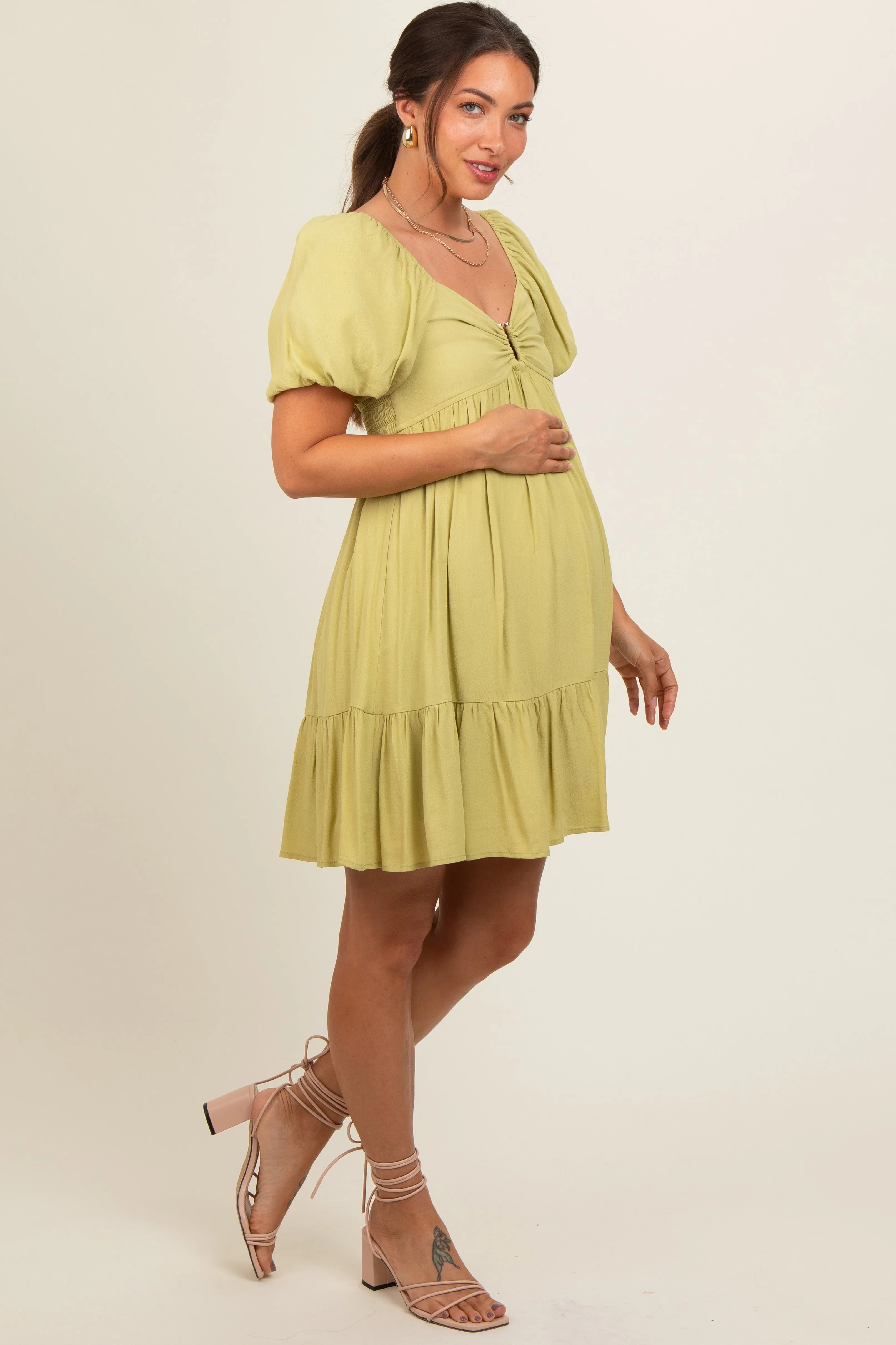 Light Olive U Notched Bubble Short Sleeve Maternity Dress sold by Pinkblush product image thumbnail 3