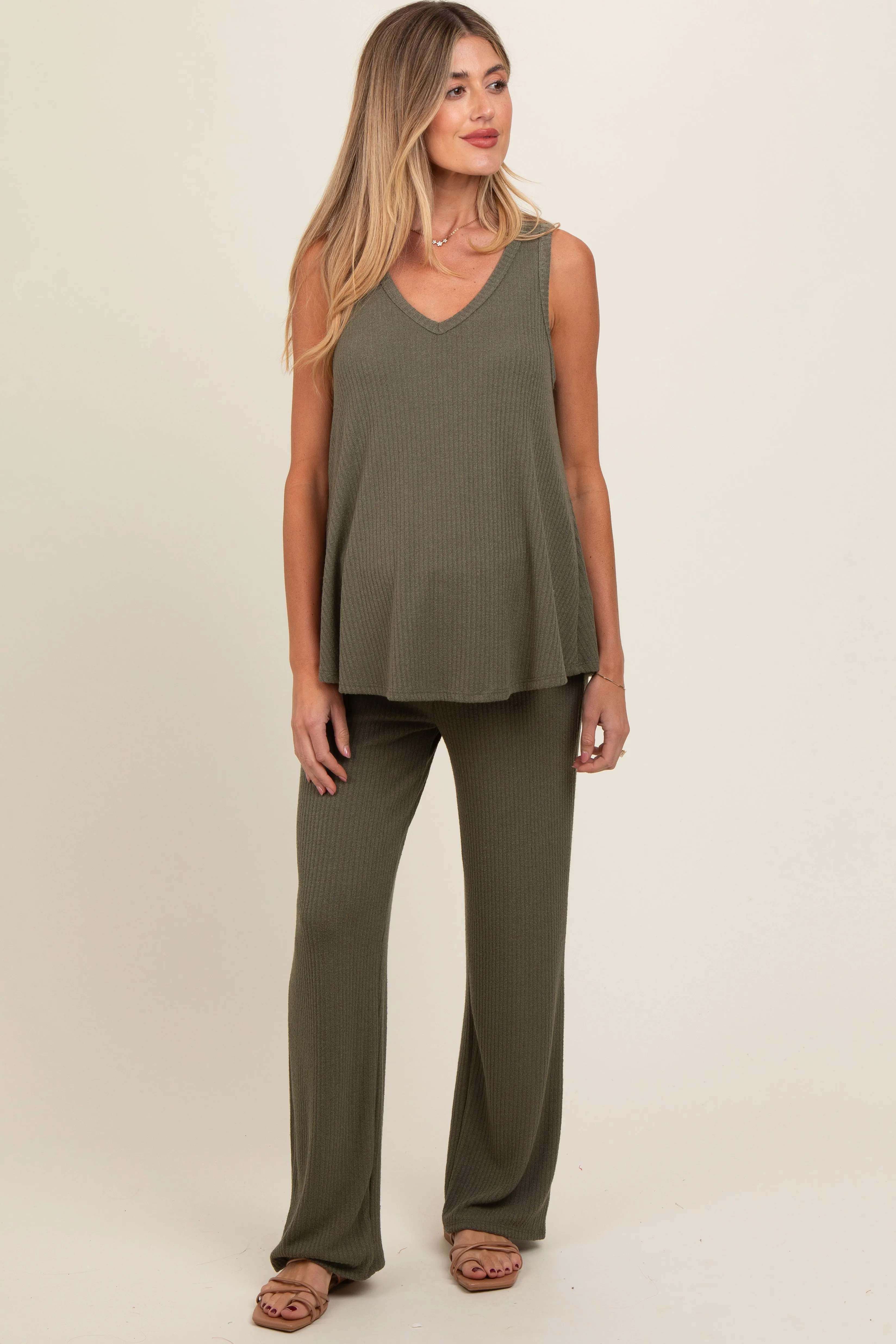 Olive Rib Knit Tank and Pant Maternity Set sold by Pinkblush