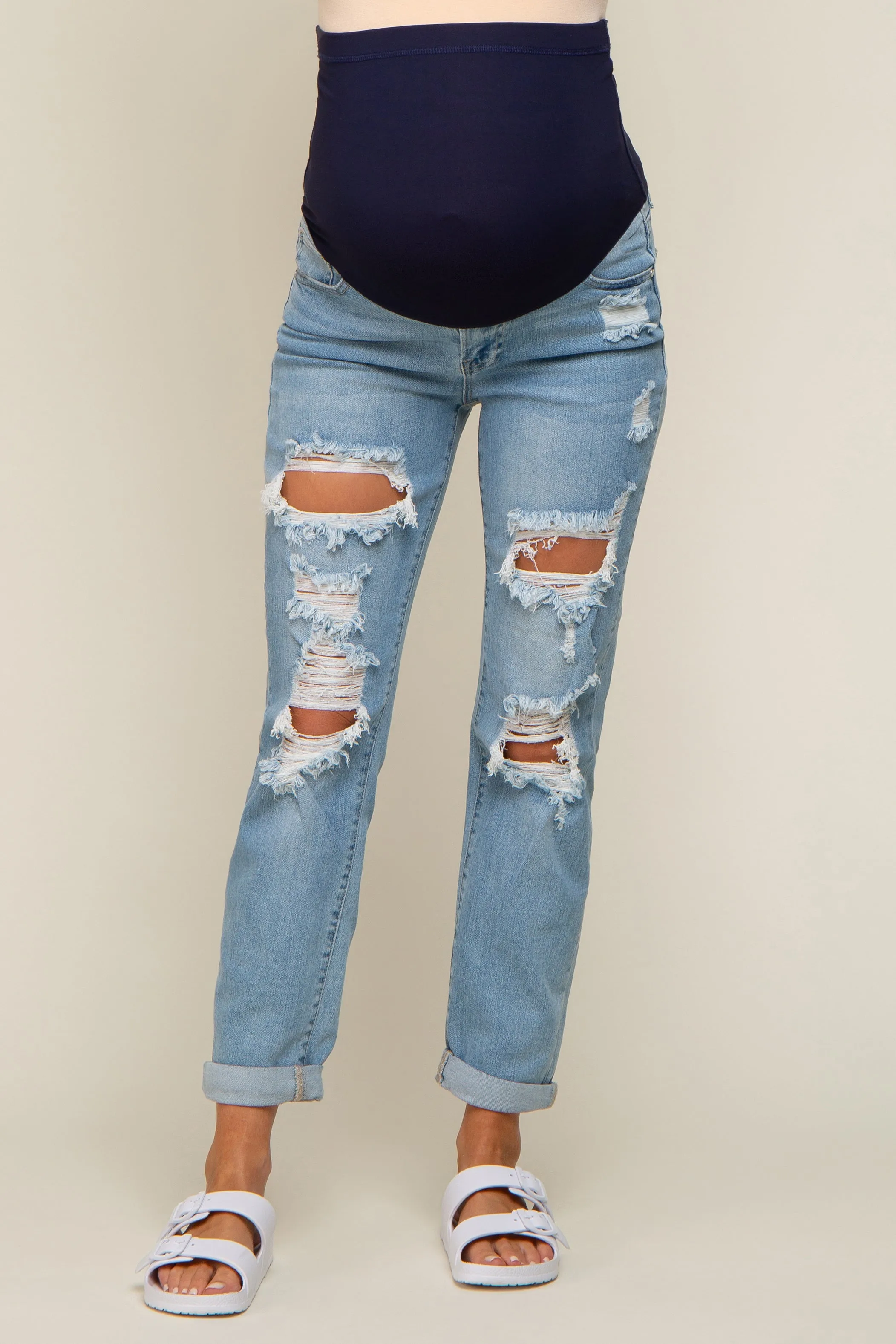 Light Blue Distressed Cuffed Maternity Skinny Jeans sold by Pinkblush product image thumbnail 2