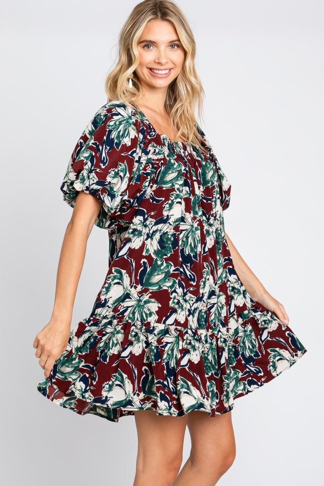Burgundy Floral Puff Sleeve Dress sold by Pinkblush product image thumbnail 2