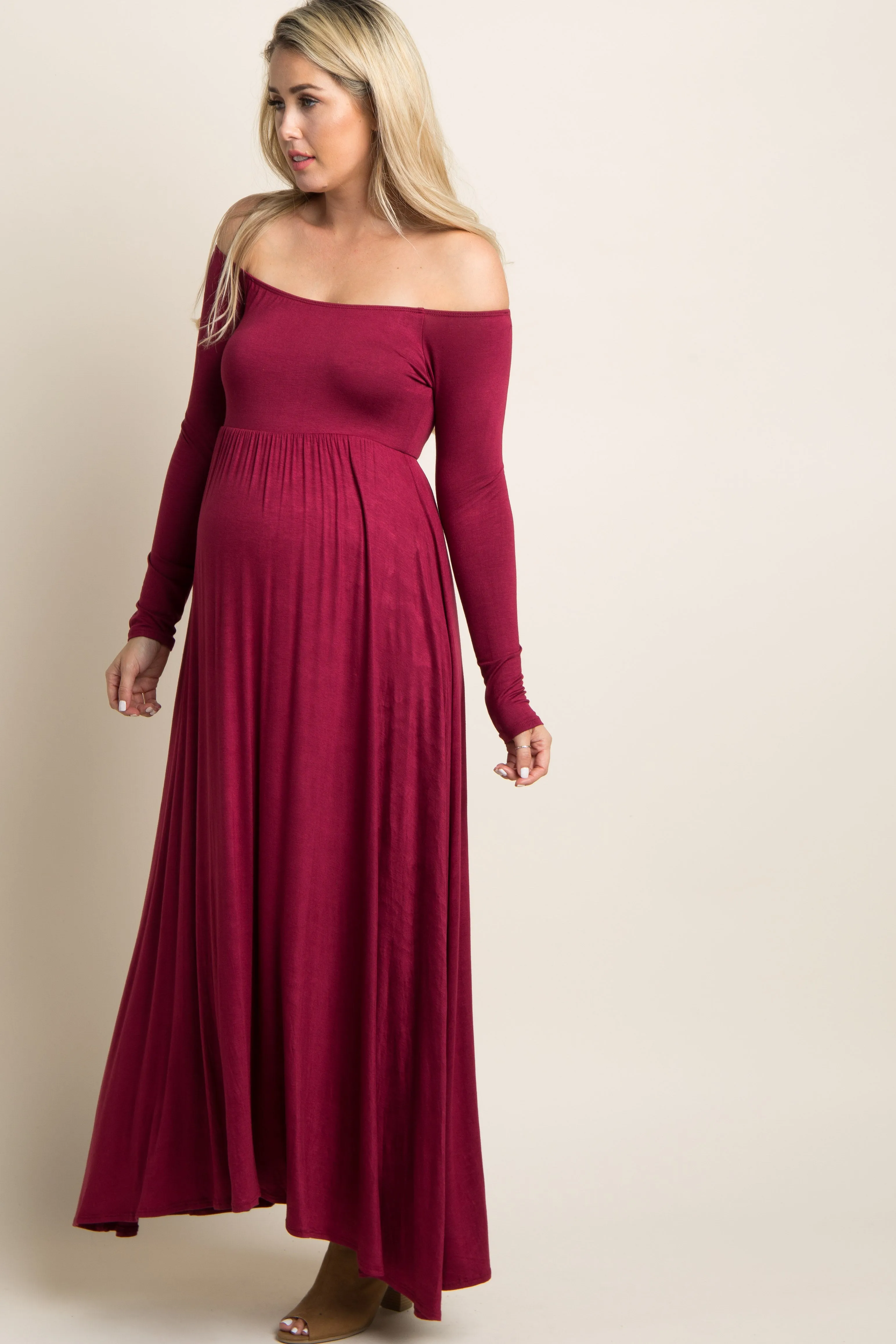 PinkBlush Petite Dark Burgundy Solid Off Shoulder Maternity Maxi Dress sold by Pinkblush product image thumbnail 2