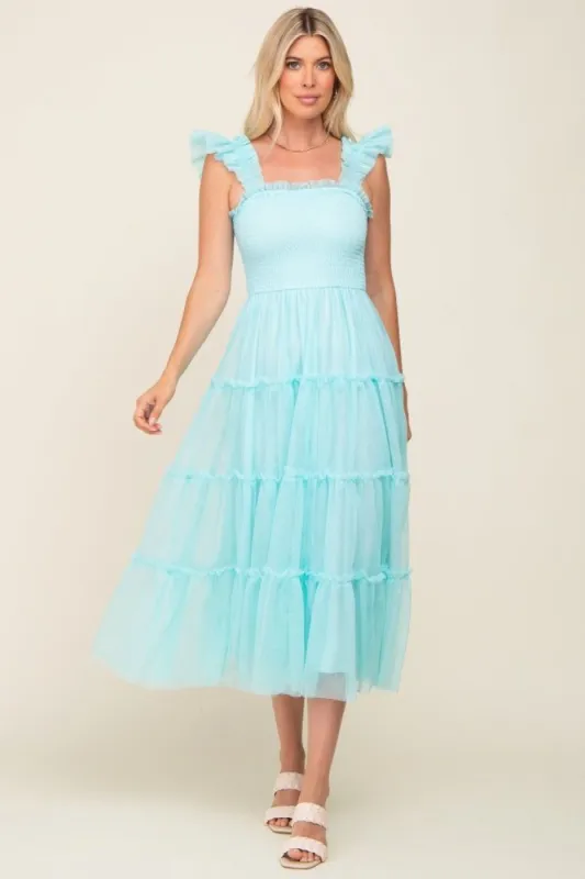Aqua Smocked Mesh Ruffle Accent Midi Dress sold by Pinkblush