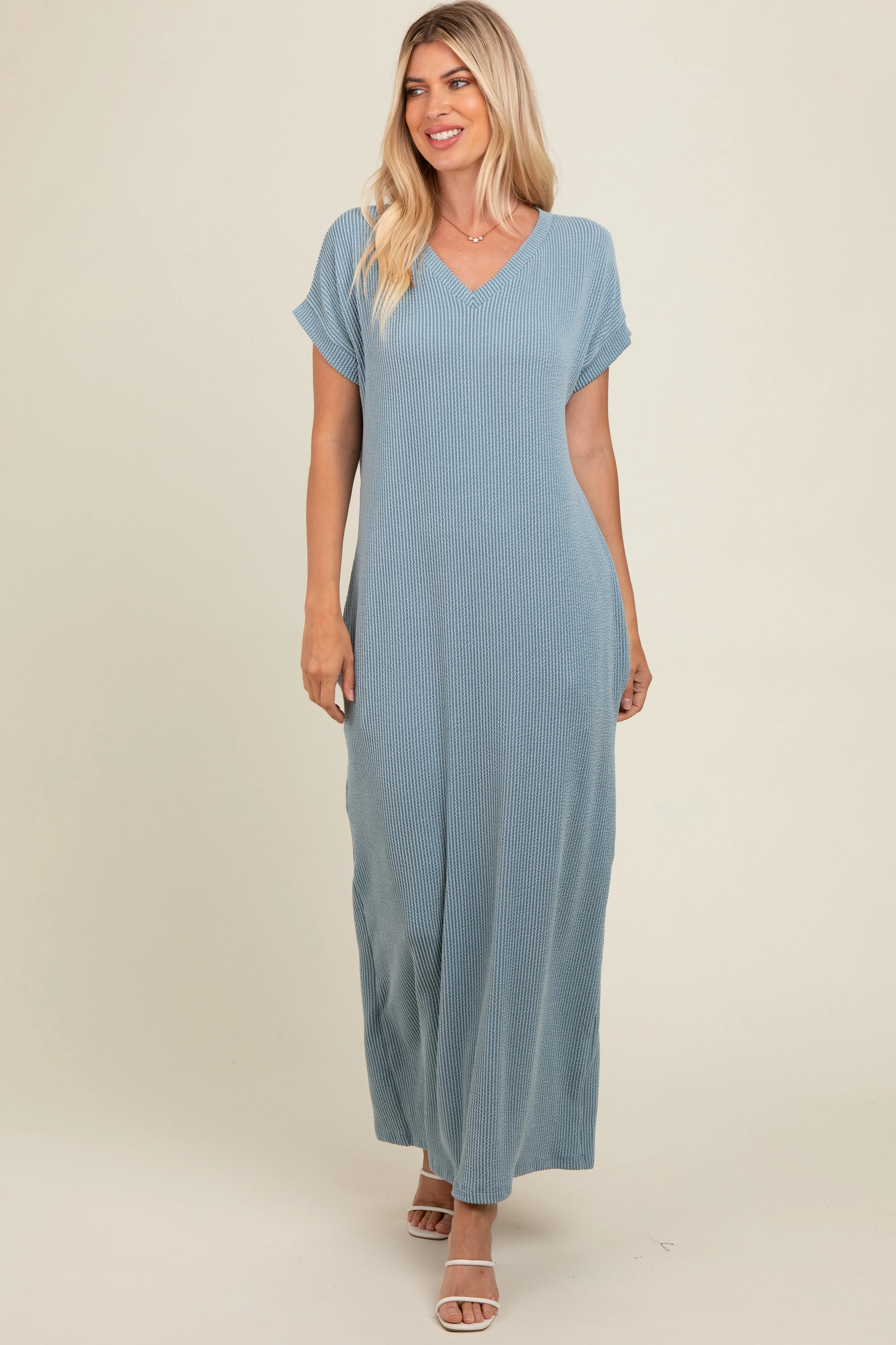 Light Blue Ribbed V-Neck Midi Dress sold by Pinkblush product image thumbnail 2