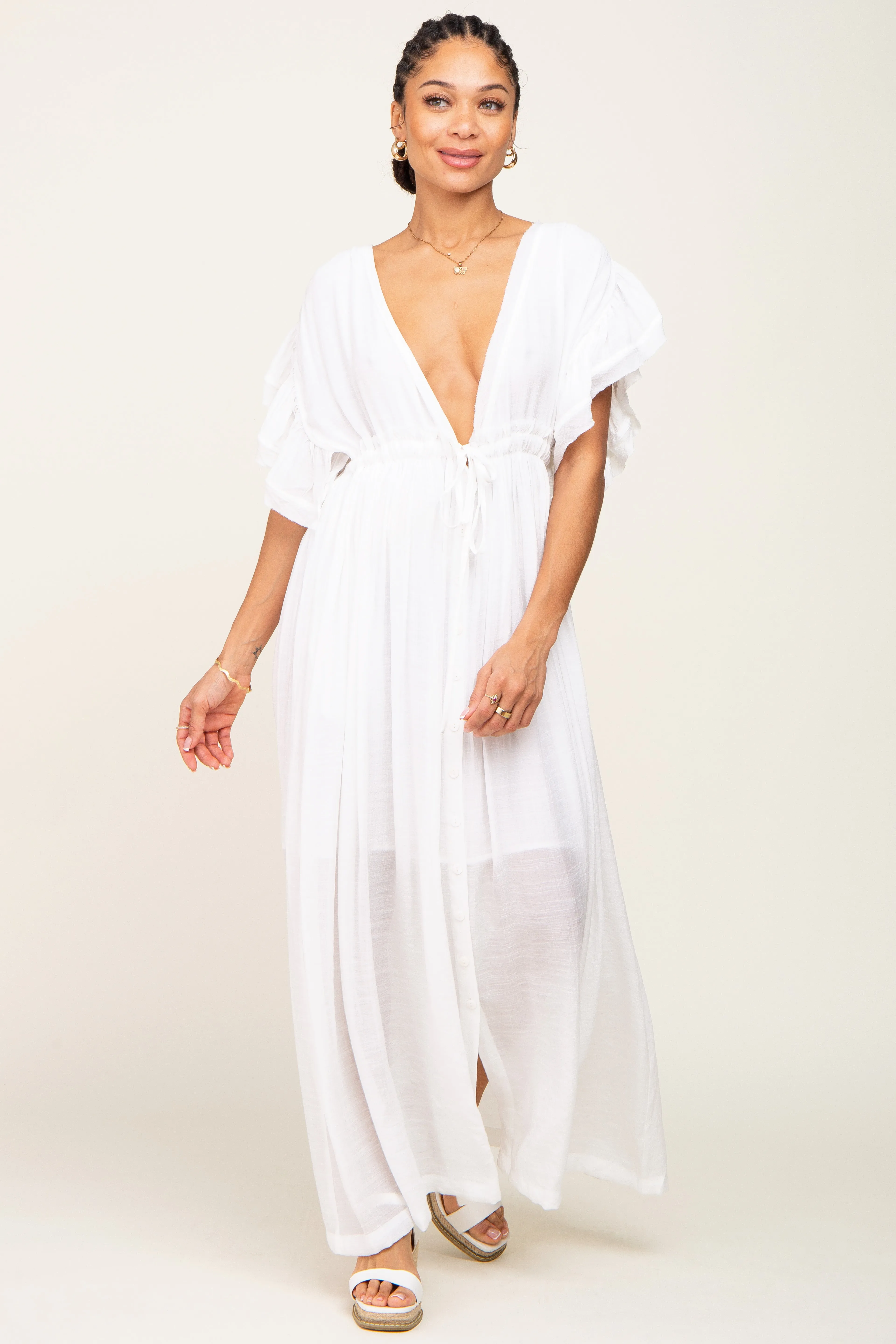 Ivory Deep V-Neck Button Down Maternity Maxi Dress sold by Pinkblush product image thumbnail 5
