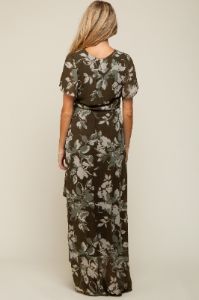 Olive Floral V-Neck Side Slit Maternity Dress sold by Pinkblush