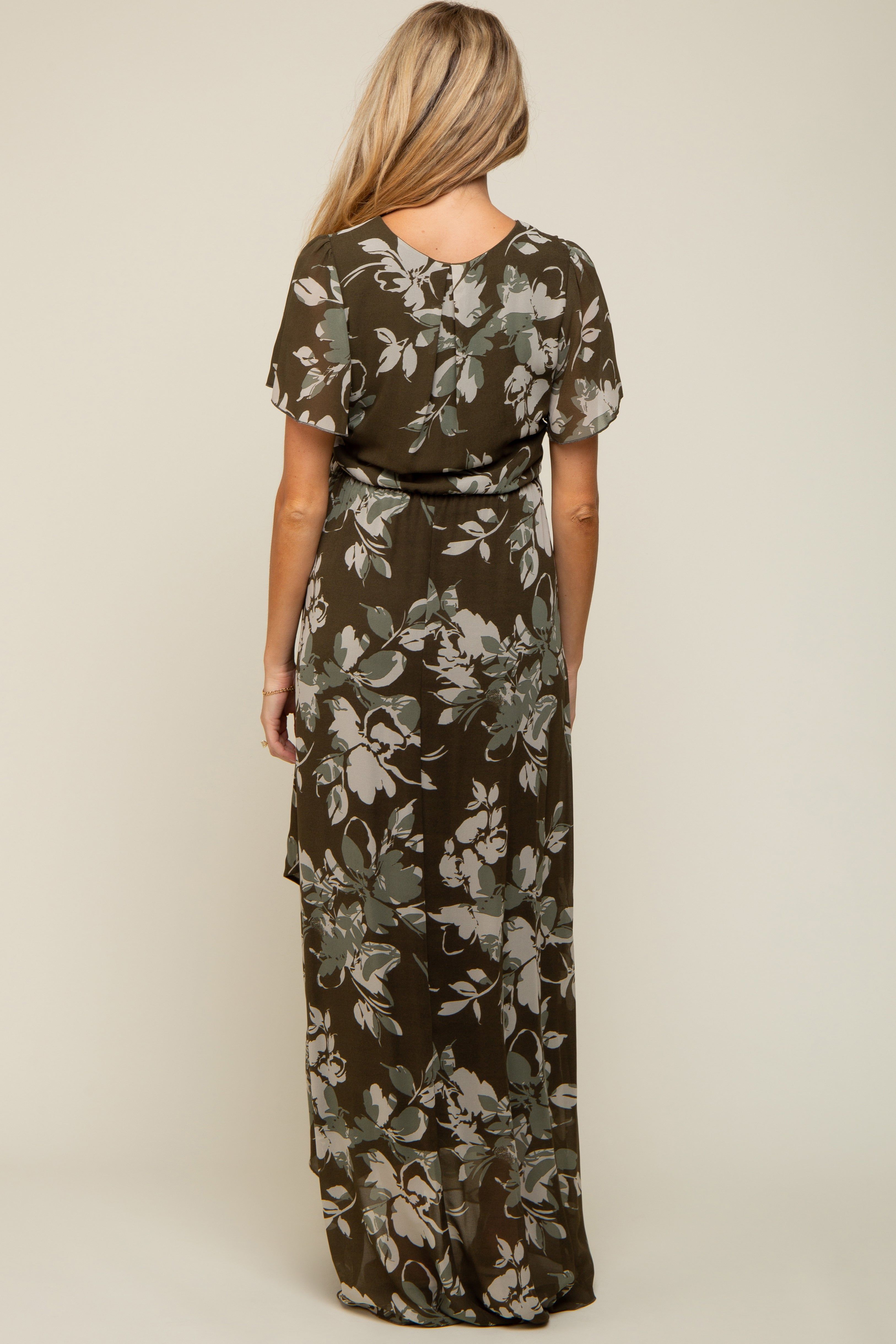 Olive Floral V-Neck Side Slit Maternity Dress sold by Pinkblush product image thumbnail 3
