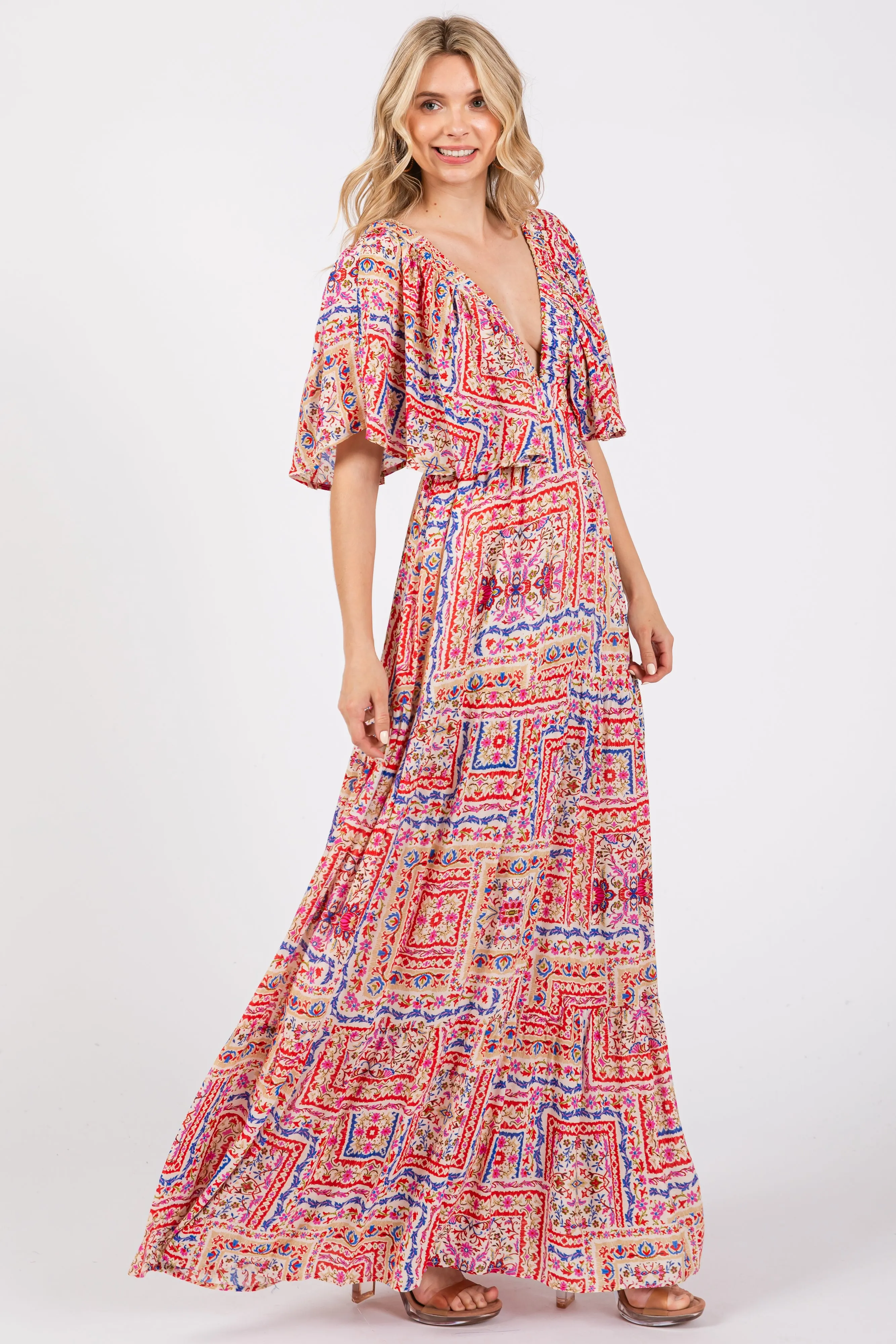Multicolor Floral Deep V-Neck Tiered Maxi Dress sold by Pinkblush product image thumbnail 2