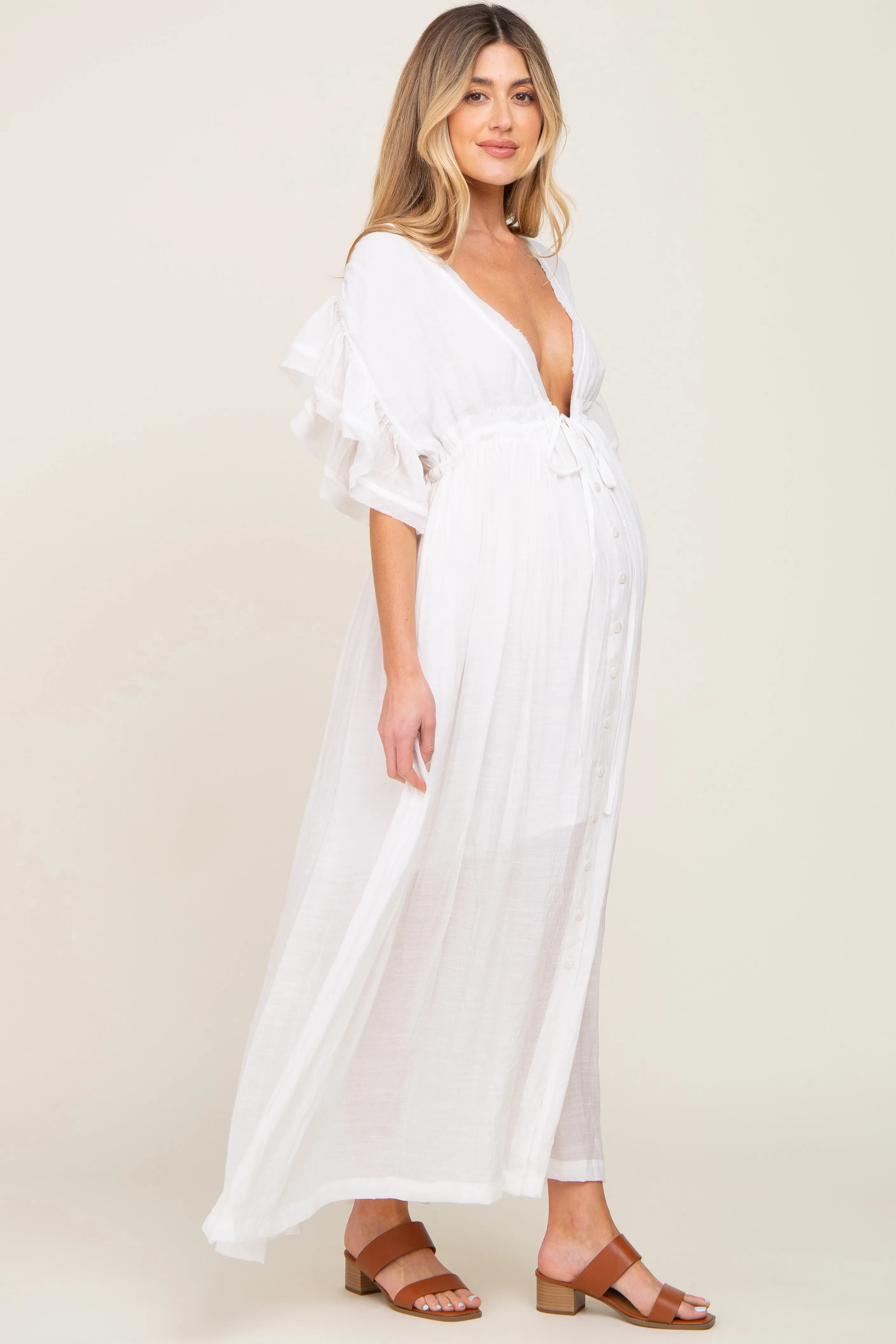 Ivory Deep V-Neck Button Down Maternity Maxi Dress sold by Pinkblush product image thumbnail 2