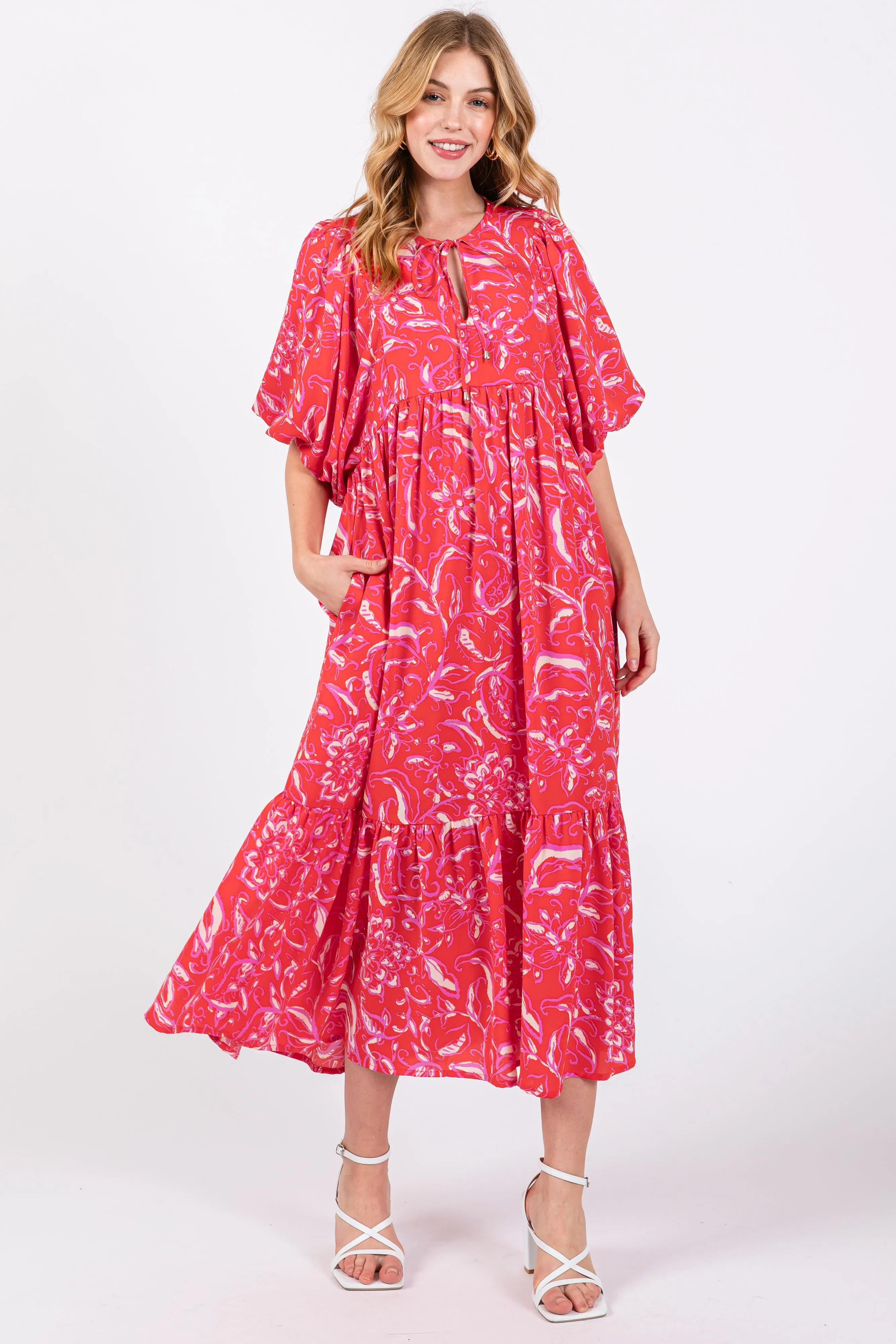 Red Floral Tiered Midi Dress sold by Pinkblush