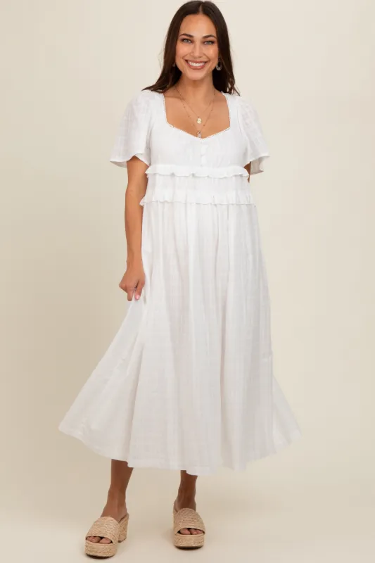 Ivory Button Front Lace Trim V-Neck Short Sleeve Maternity Midi Dress sold by Pinkblush