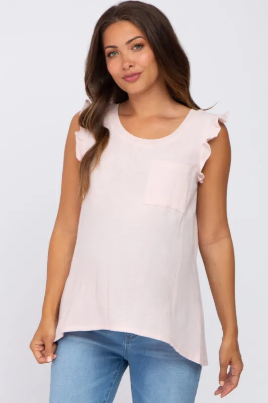 Light Pink Sleeveless Ruffle Pocket Front Maternity Top sold by Pinkblush