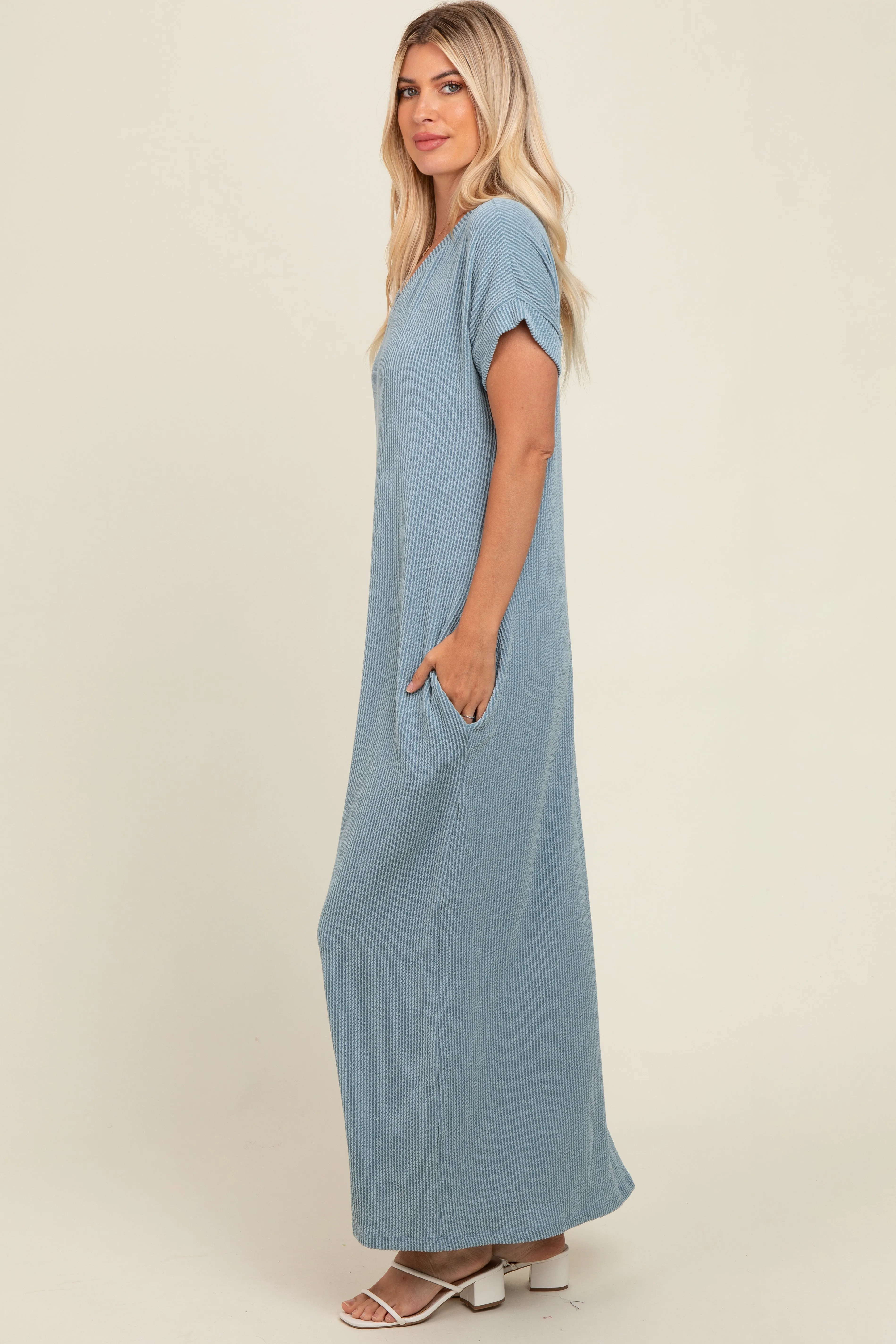 Light Blue Ribbed V-Neck Midi Dress sold by Pinkblush product image thumbnail 3