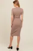 Mocha Knit Collared V-Neck Fitted Maternity Midi Dress sold by Pinkblush