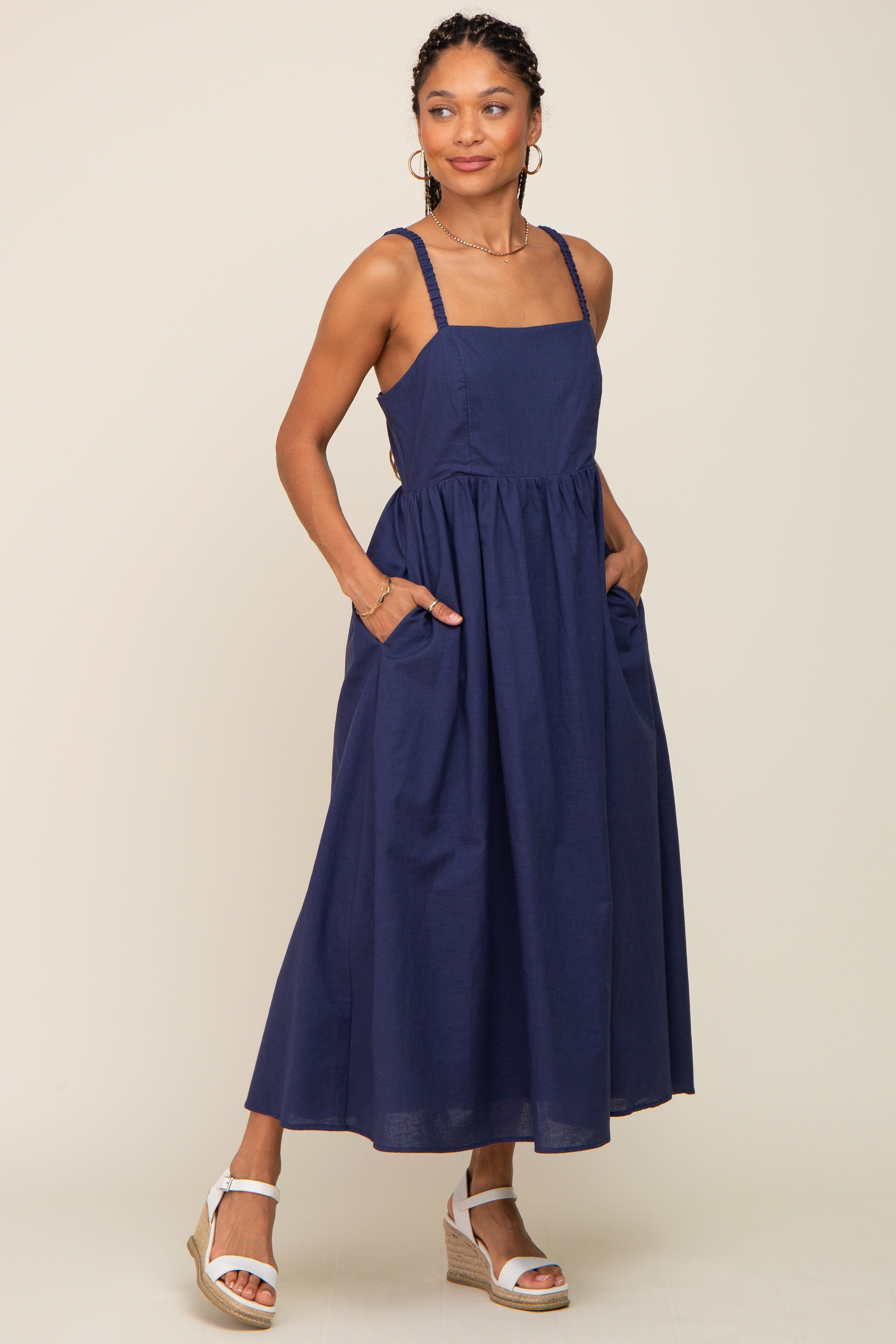 Navy Blue Linen Square Neck Lace-Up Back Maternity Midi Dress sold by Pinkblush product image thumbnail 5