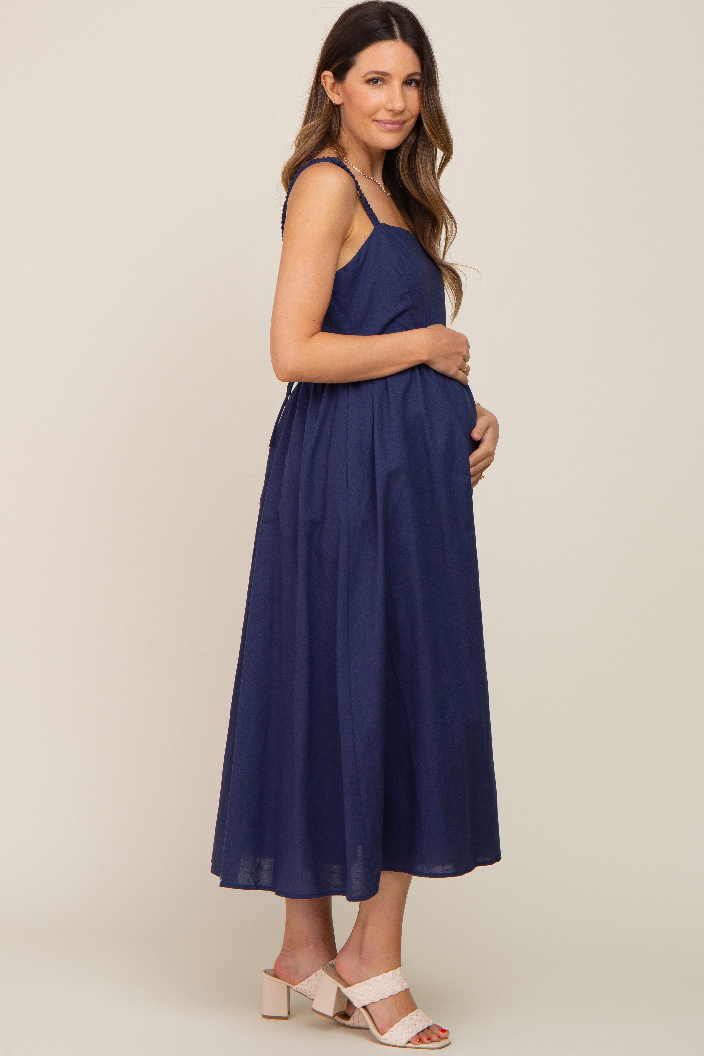 Navy Blue Linen Square Neck Lace-Up Back Maternity Midi Dress sold by Pinkblush product image thumbnail 2