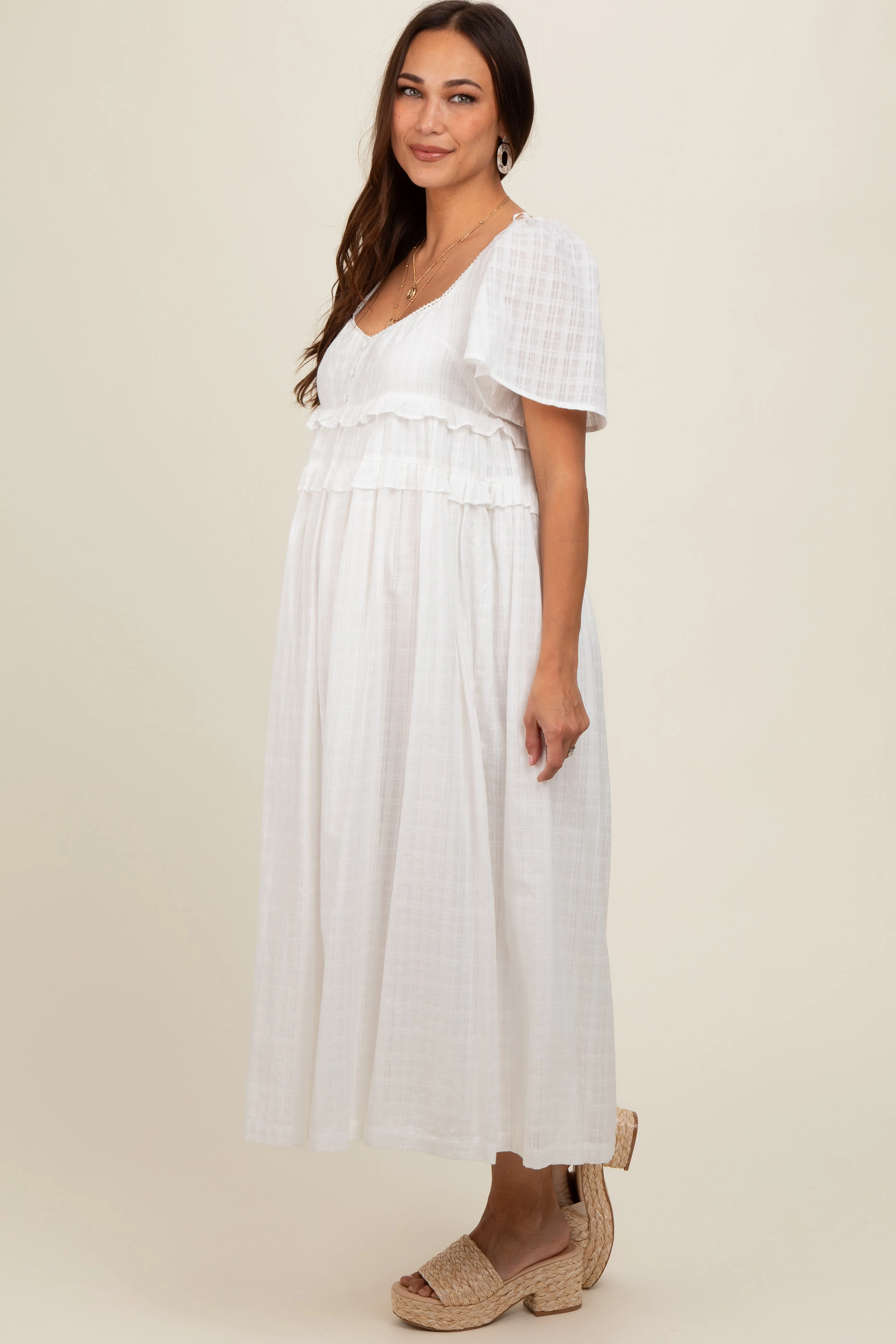 Ivory Button Front Lace Trim V-Neck Short Sleeve Maternity Midi Dress sold by Pinkblush product image thumbnail 2
