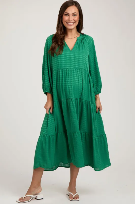 Green Textured Tiered Maternity Midi Dress sold by Pinkblush