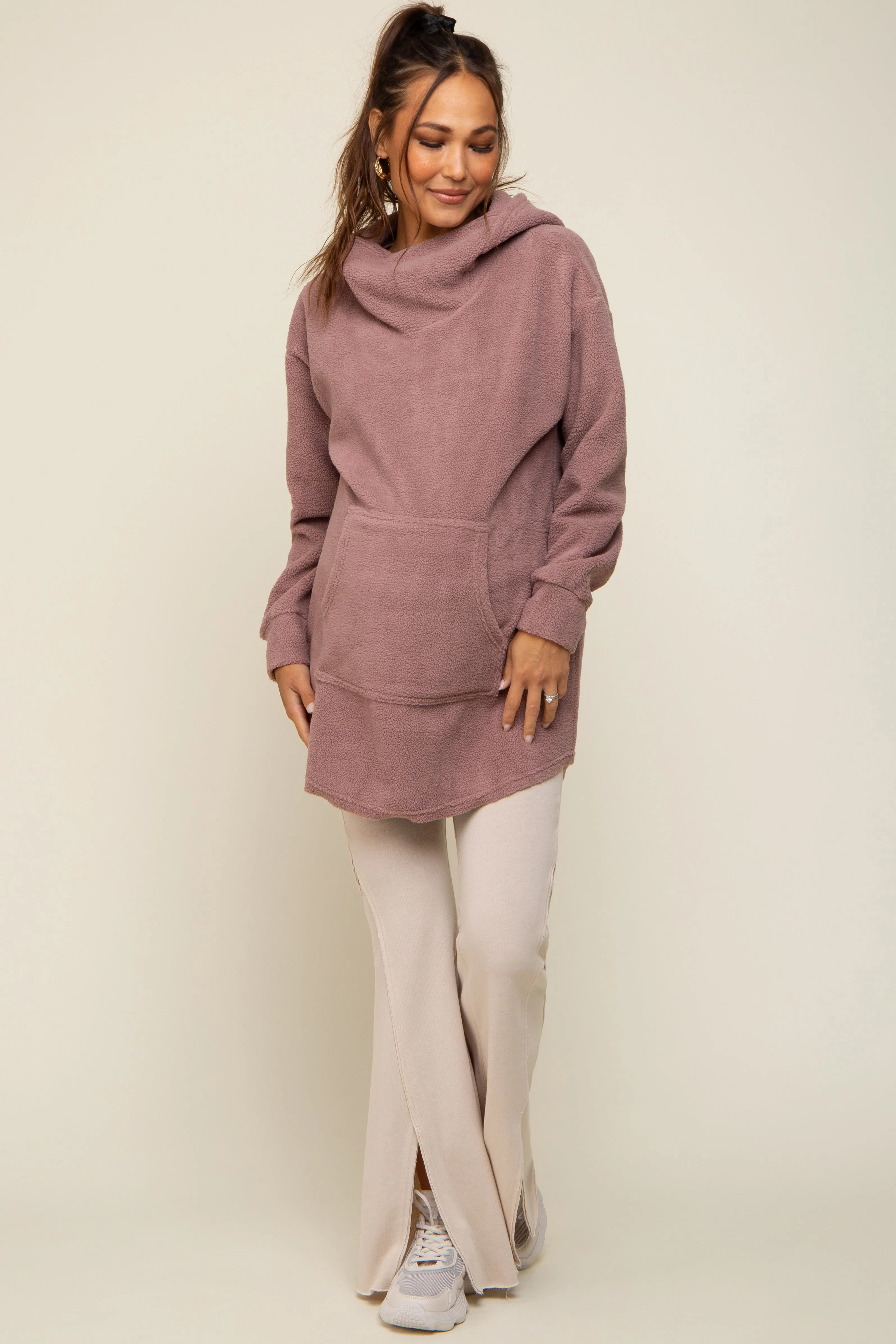 Mauve Fleece Hooded Long Maternity Sweater sold by Pinkblush product image thumbnail 2