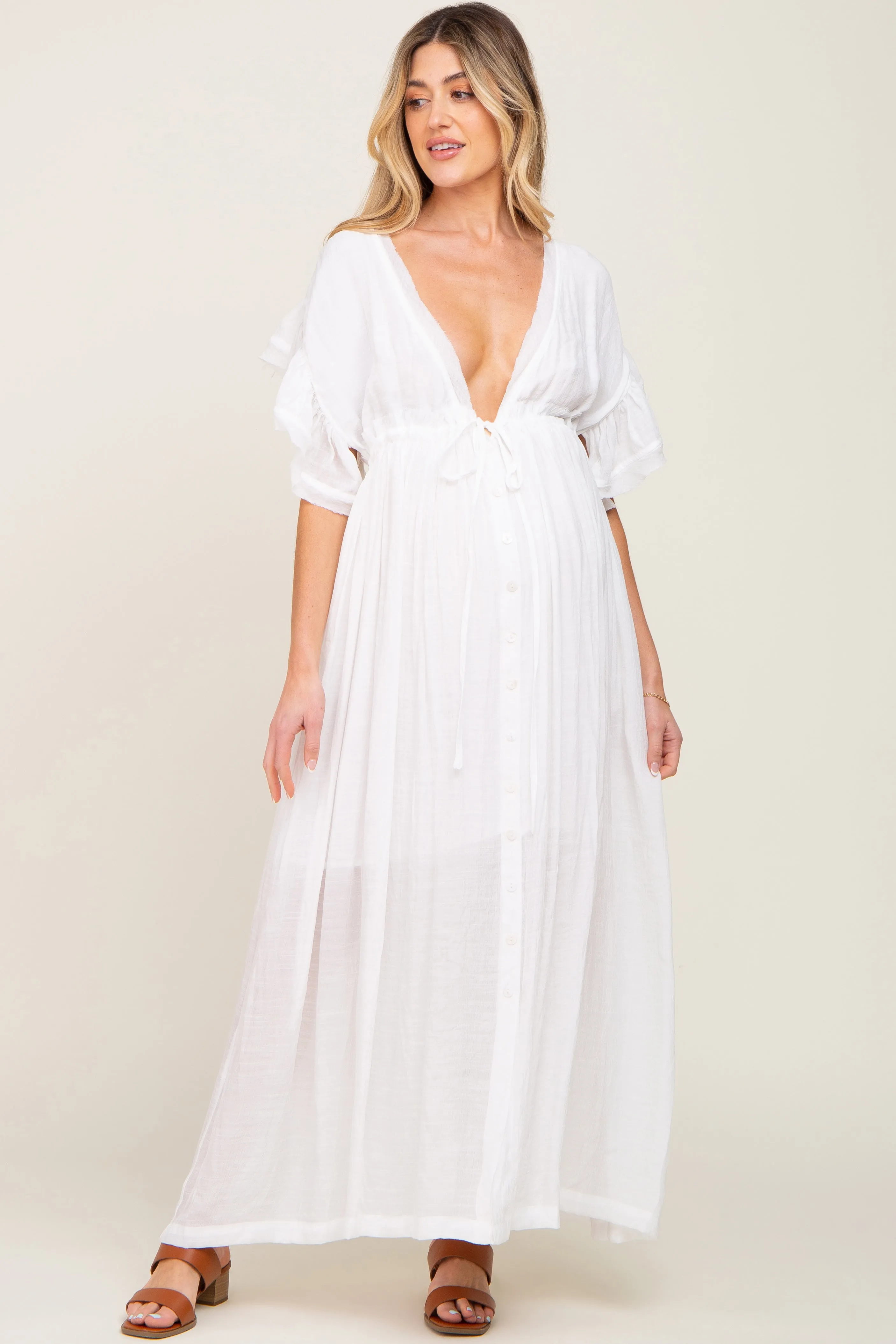 Ivory Deep V-Neck Button Down Maternity Maxi Dress sold by Pinkblush product image thumbnail 4