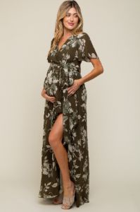 Olive Floral V-Neck Side Slit Maternity Dress sold by Pinkblush