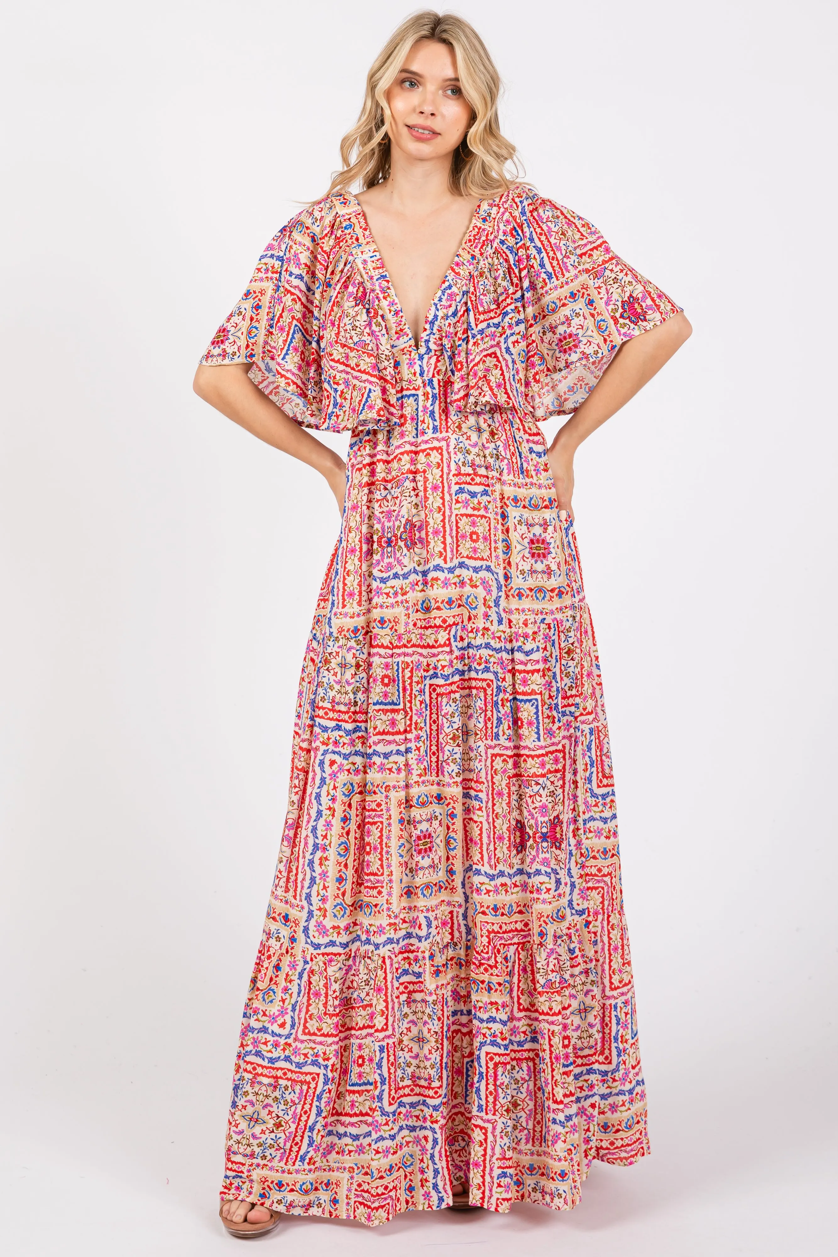 Multicolor Floral Deep V-Neck Tiered Maxi Dress sold by Pinkblush