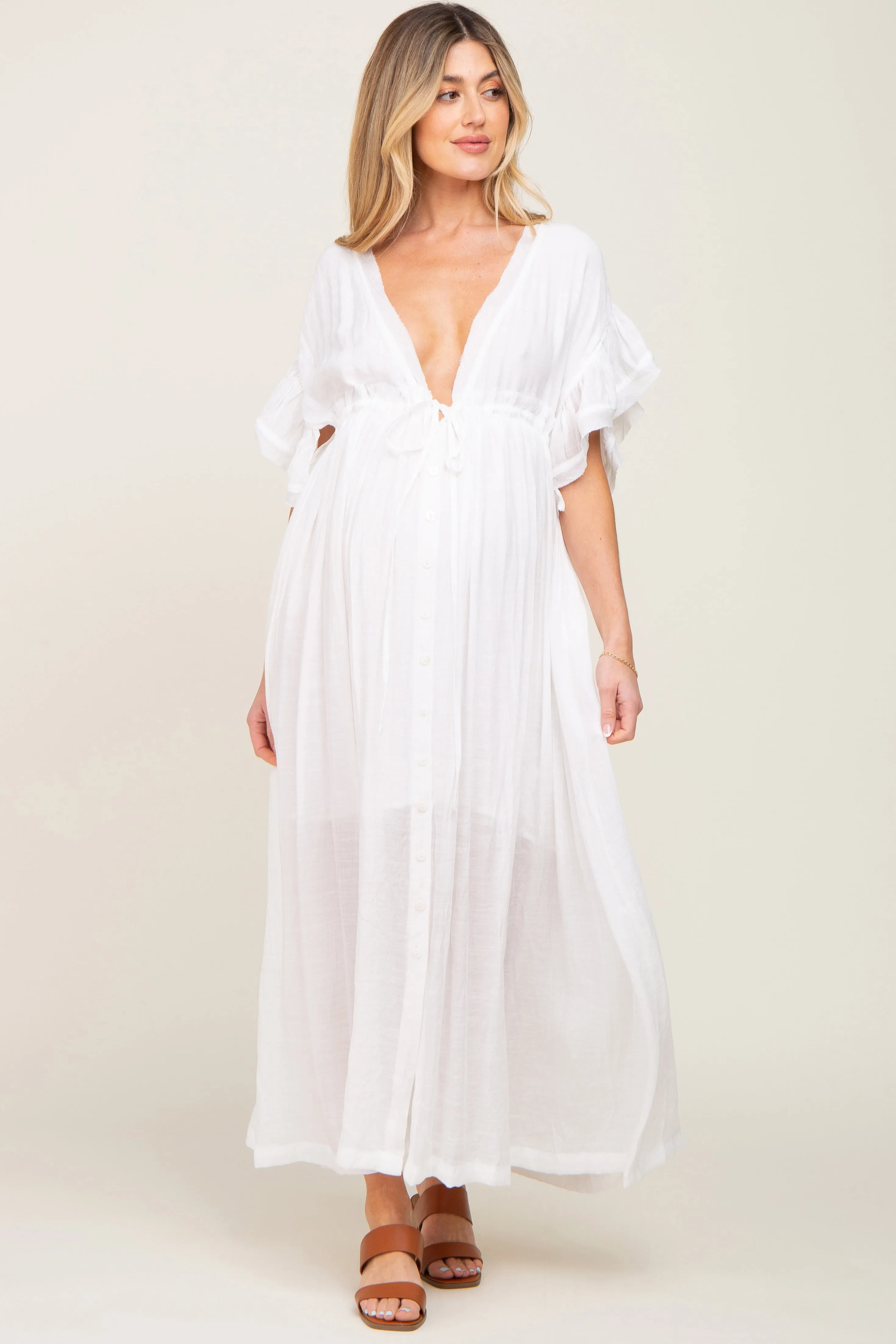 Ivory Deep V-Neck Button Down Maternity Maxi Dress sold by Pinkblush