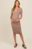 Mocha Knit Collared V-Neck Fitted Maternity Midi Dress sold by Pinkblush