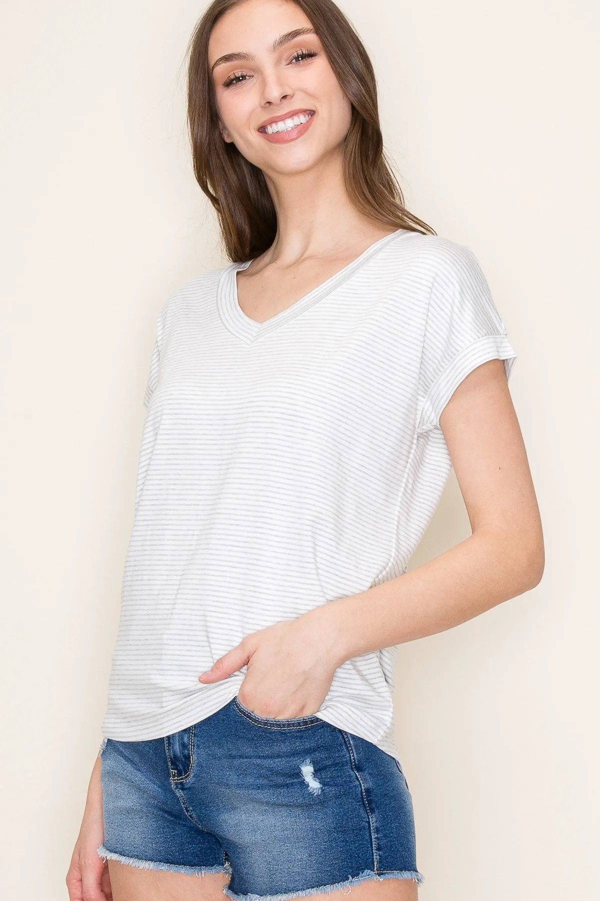 Heather Grey Striped V-Neck Short Sleeve Top sold by Pinkblush