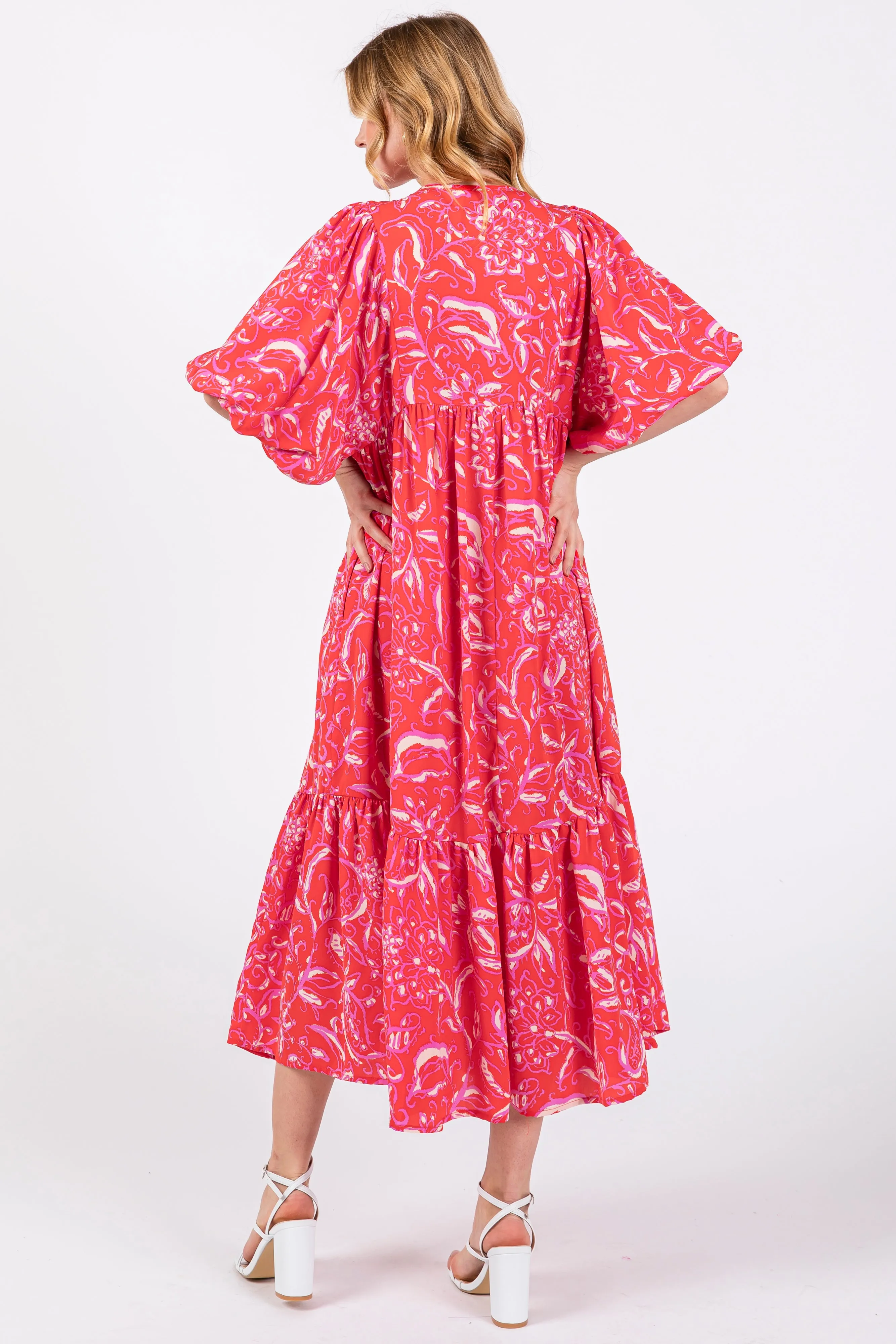 Red Floral Tiered Midi Dress sold by Pinkblush product image thumbnail 3