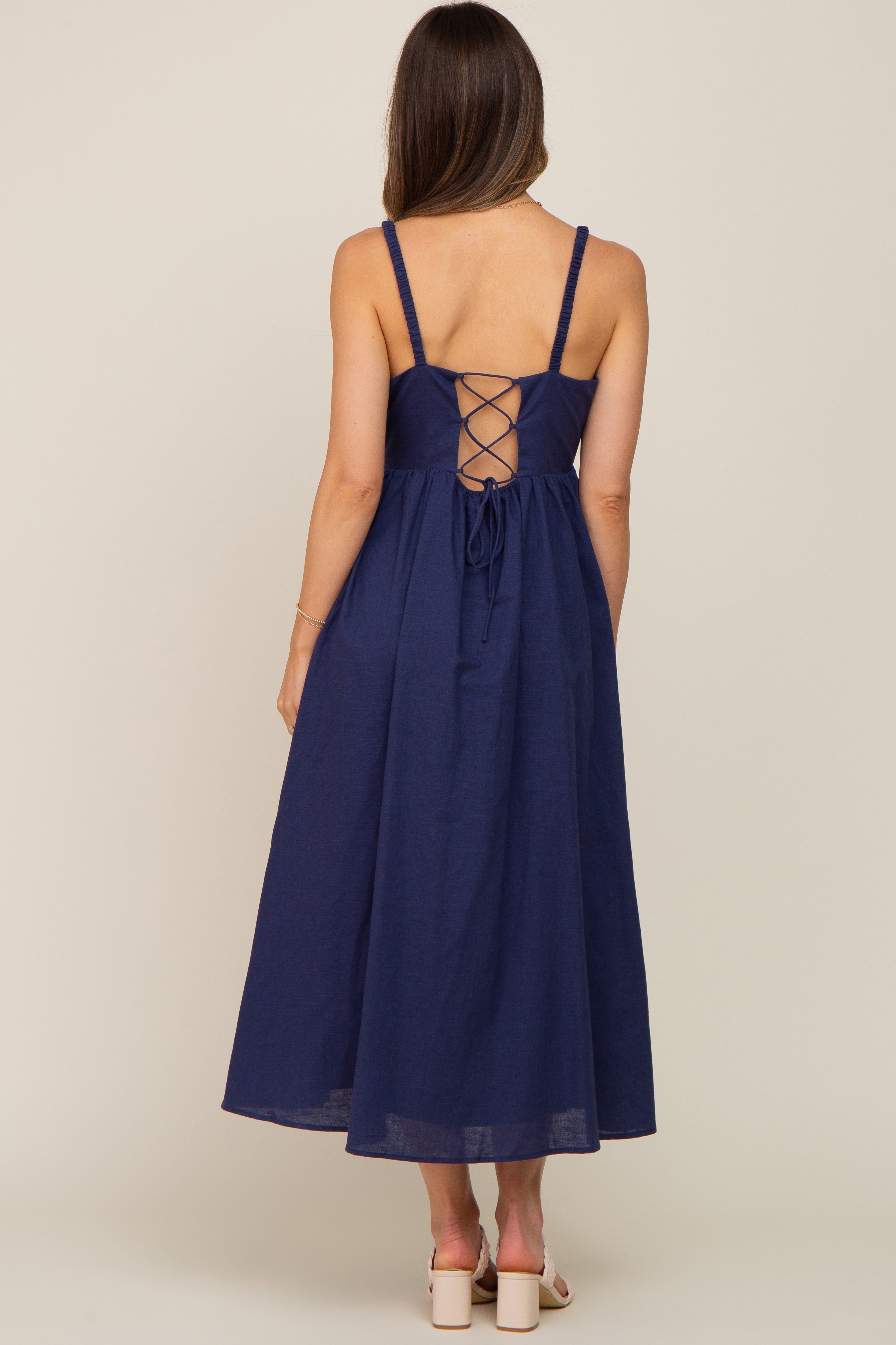 Navy Blue Linen Square Neck Lace-Up Back Maternity Midi Dress sold by Pinkblush product image thumbnail 3