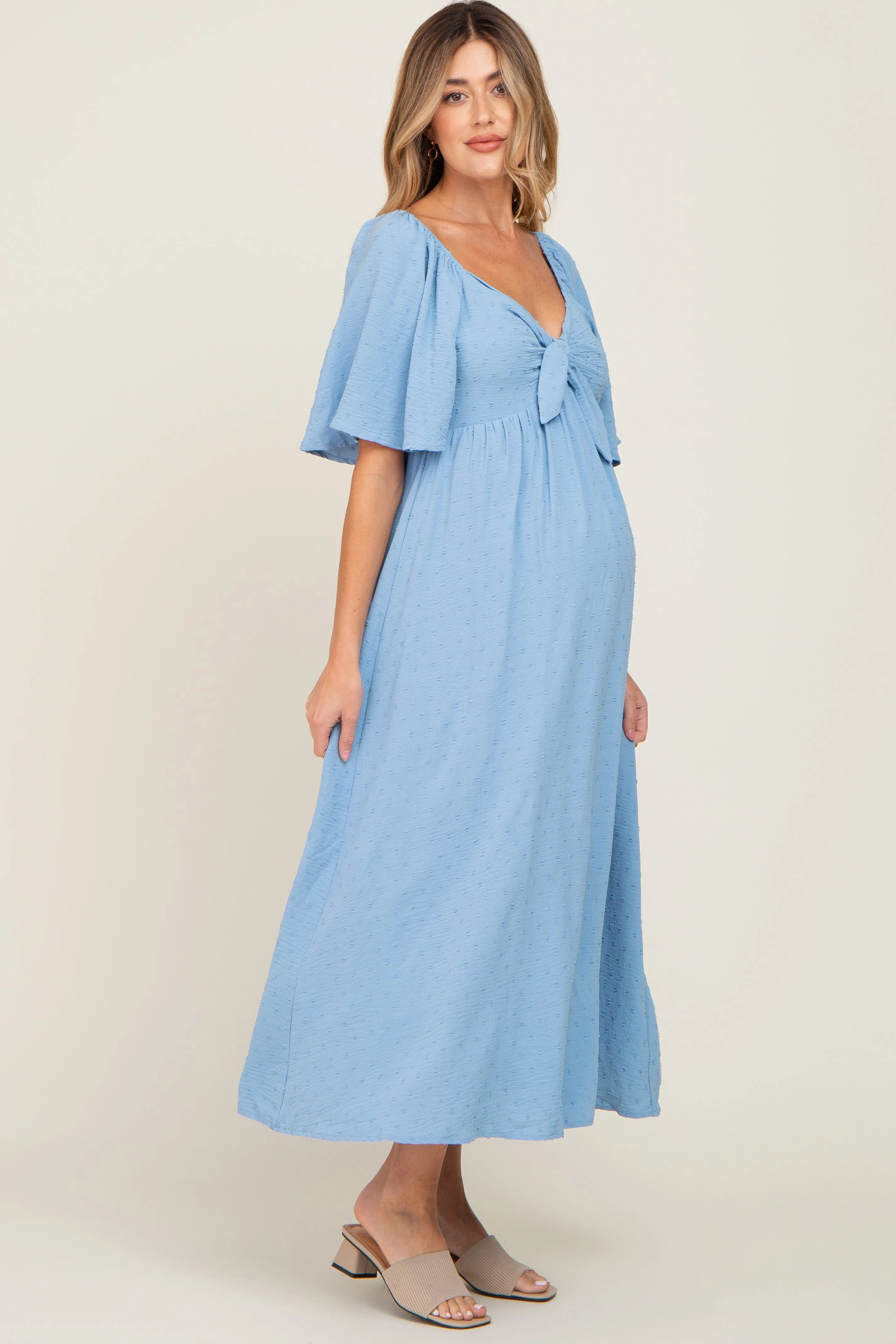 Blue Textured Dot Front Tie Ruffle Sleeve Maternity Midi Dress sold by Pinkblush product image thumbnail 2