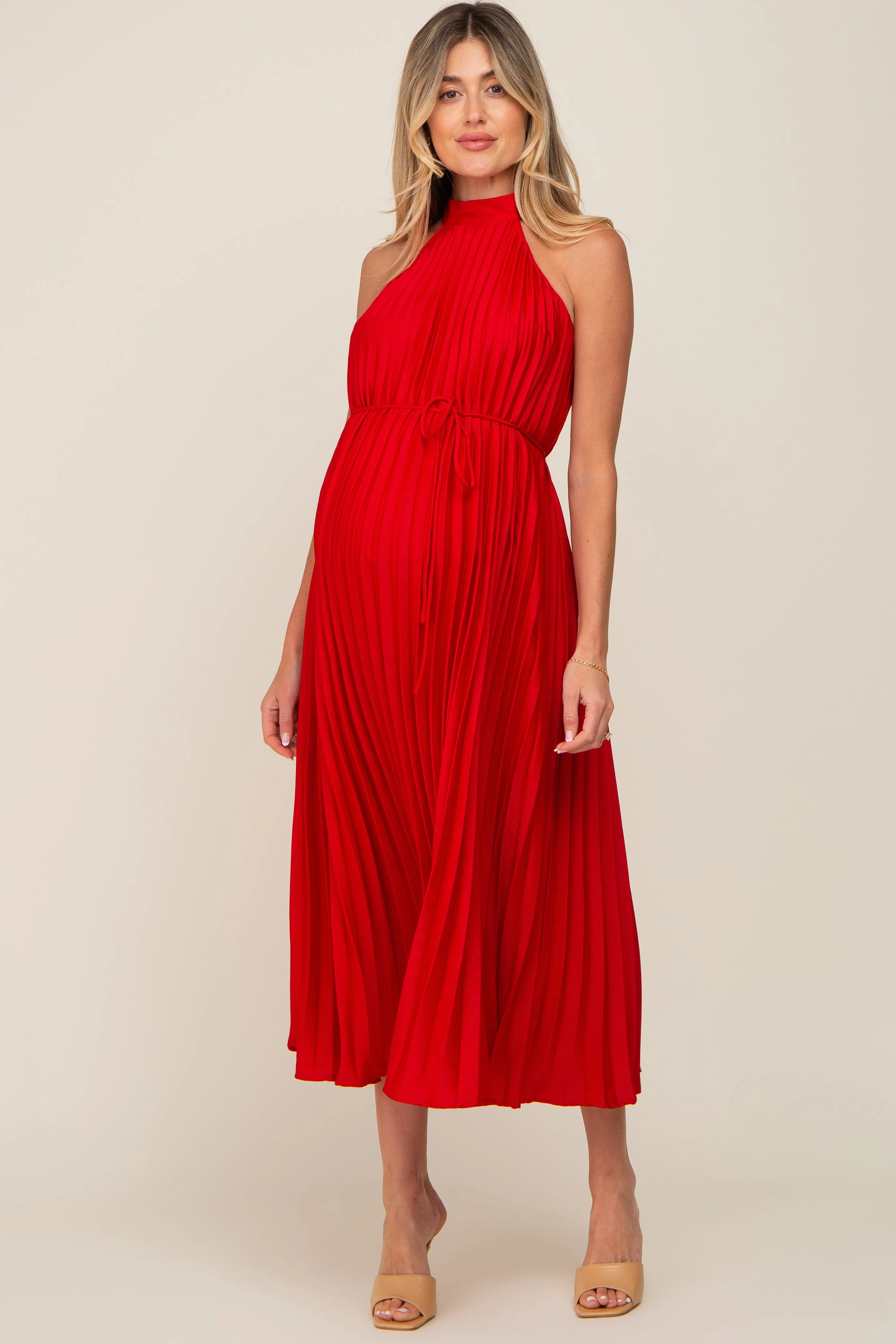 Red Pleated Maternity Halter Dress sold by Pinkblush product image thumbnail 4
