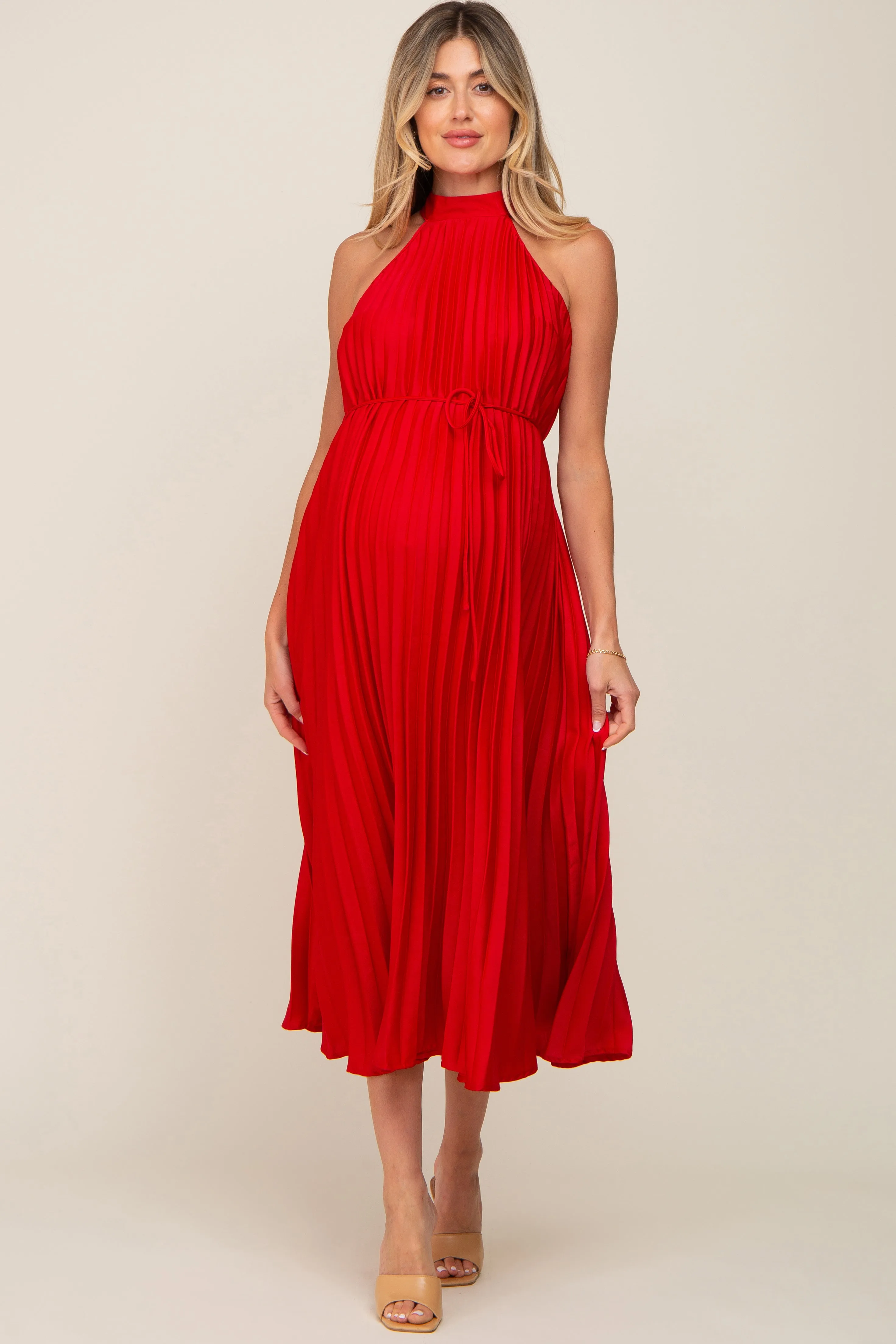 Red Pleated Maternity Halter Dress sold by Pinkblush