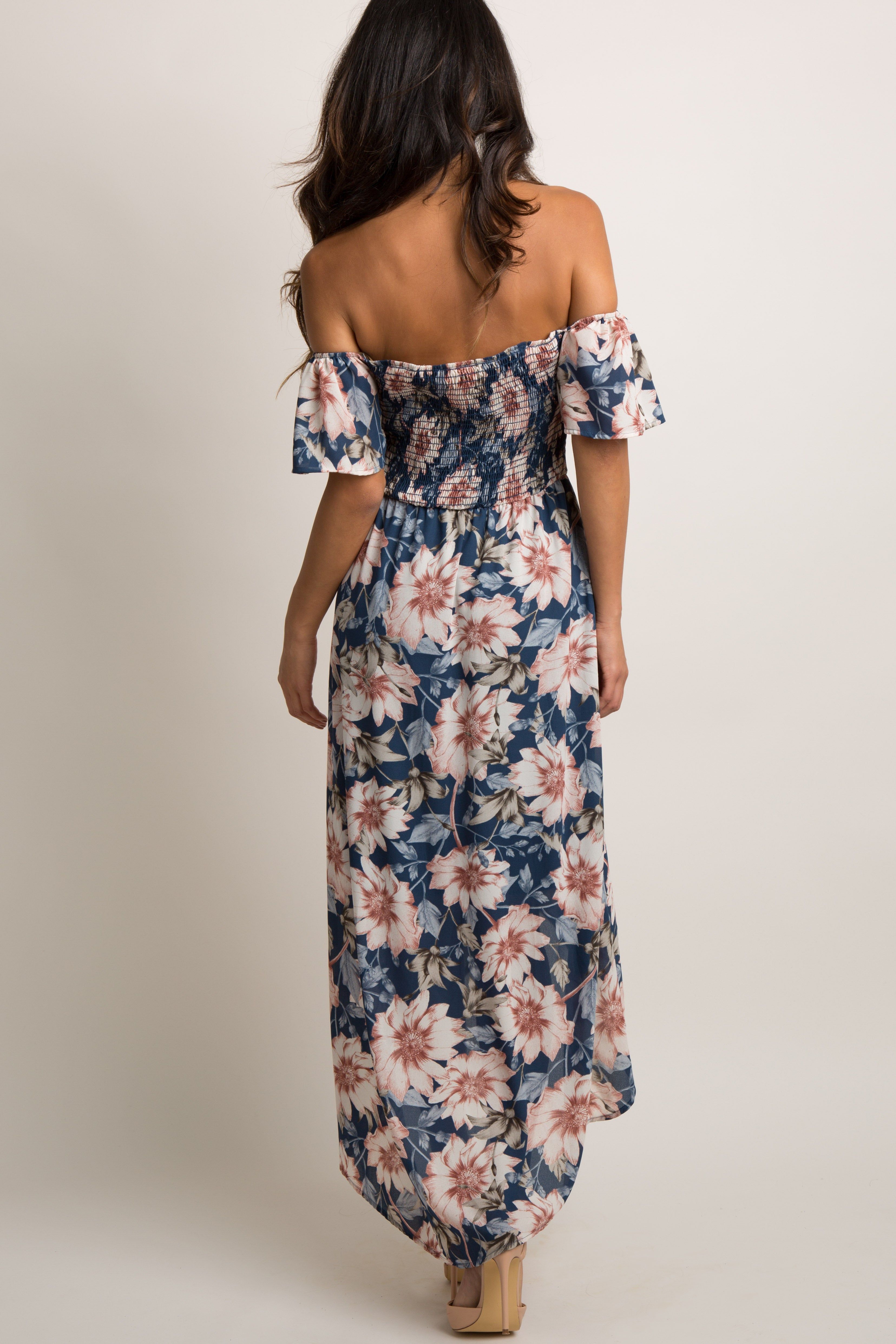 PinkBlush Blue Floral Off Shoulder Smocked Wrap Dress sold by Pinkblush product image thumbnail 4