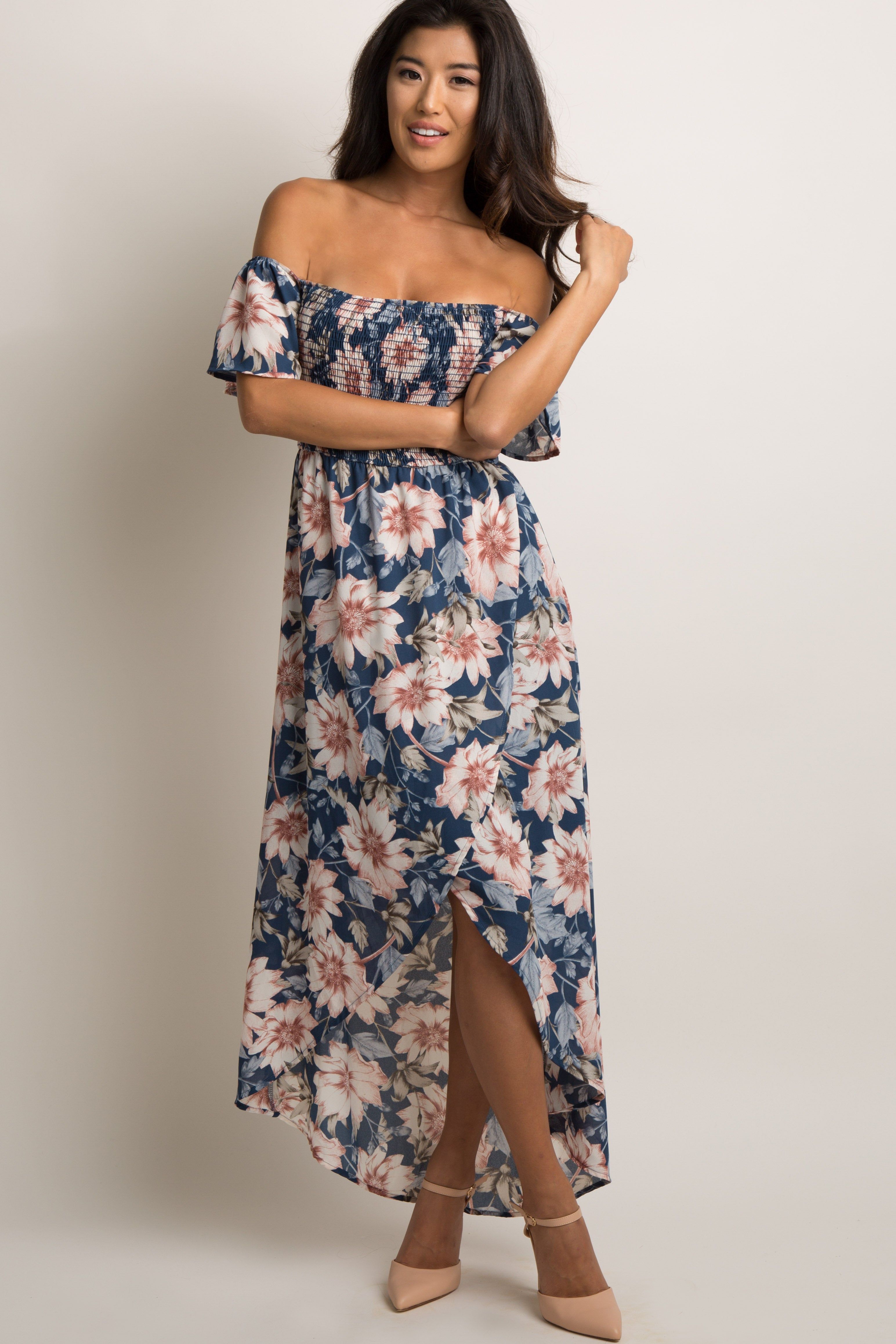 PinkBlush Blue Floral Off Shoulder Smocked Wrap Dress sold by Pinkblush