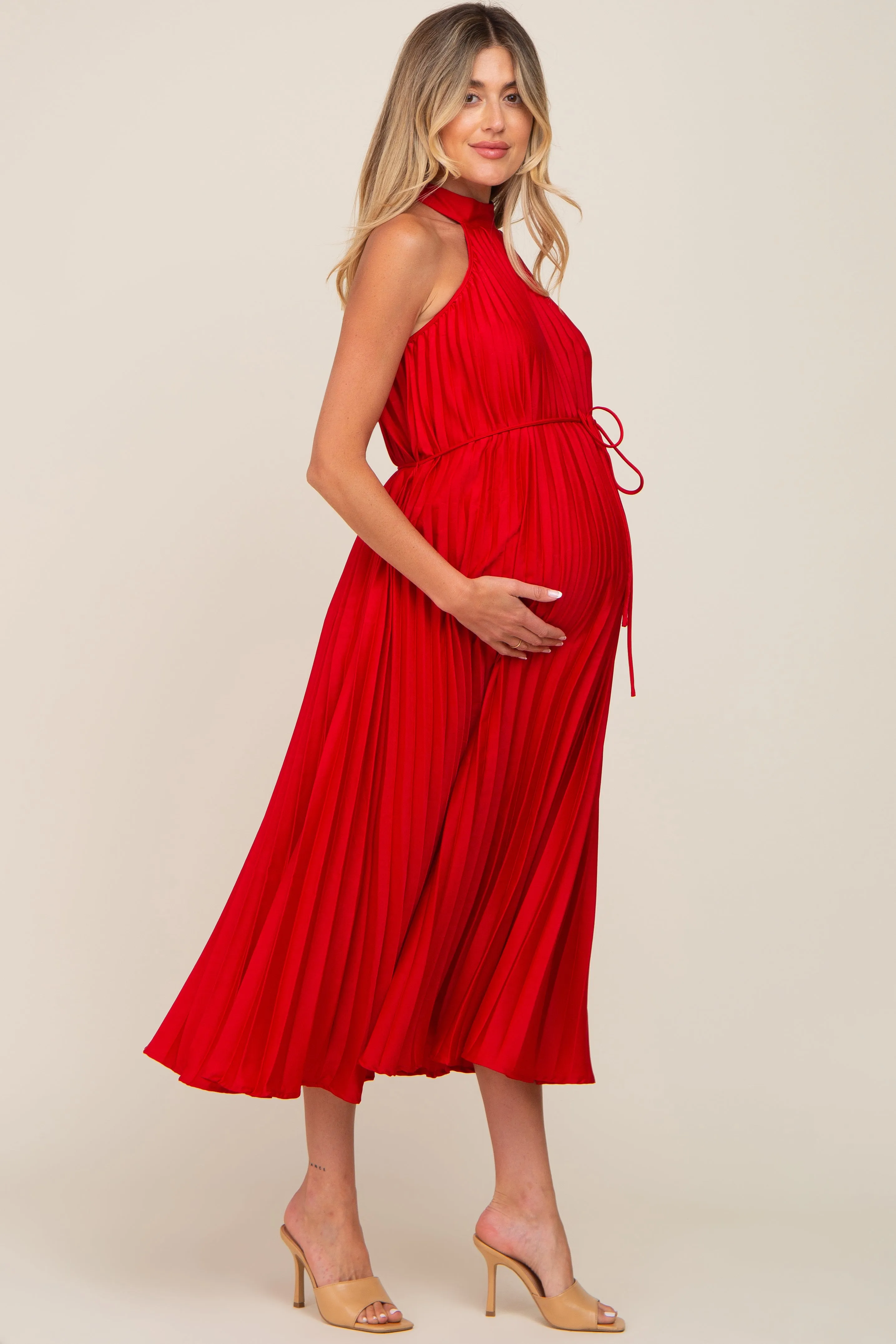 Red Pleated Maternity Halter Dress sold by Pinkblush product image thumbnail 2