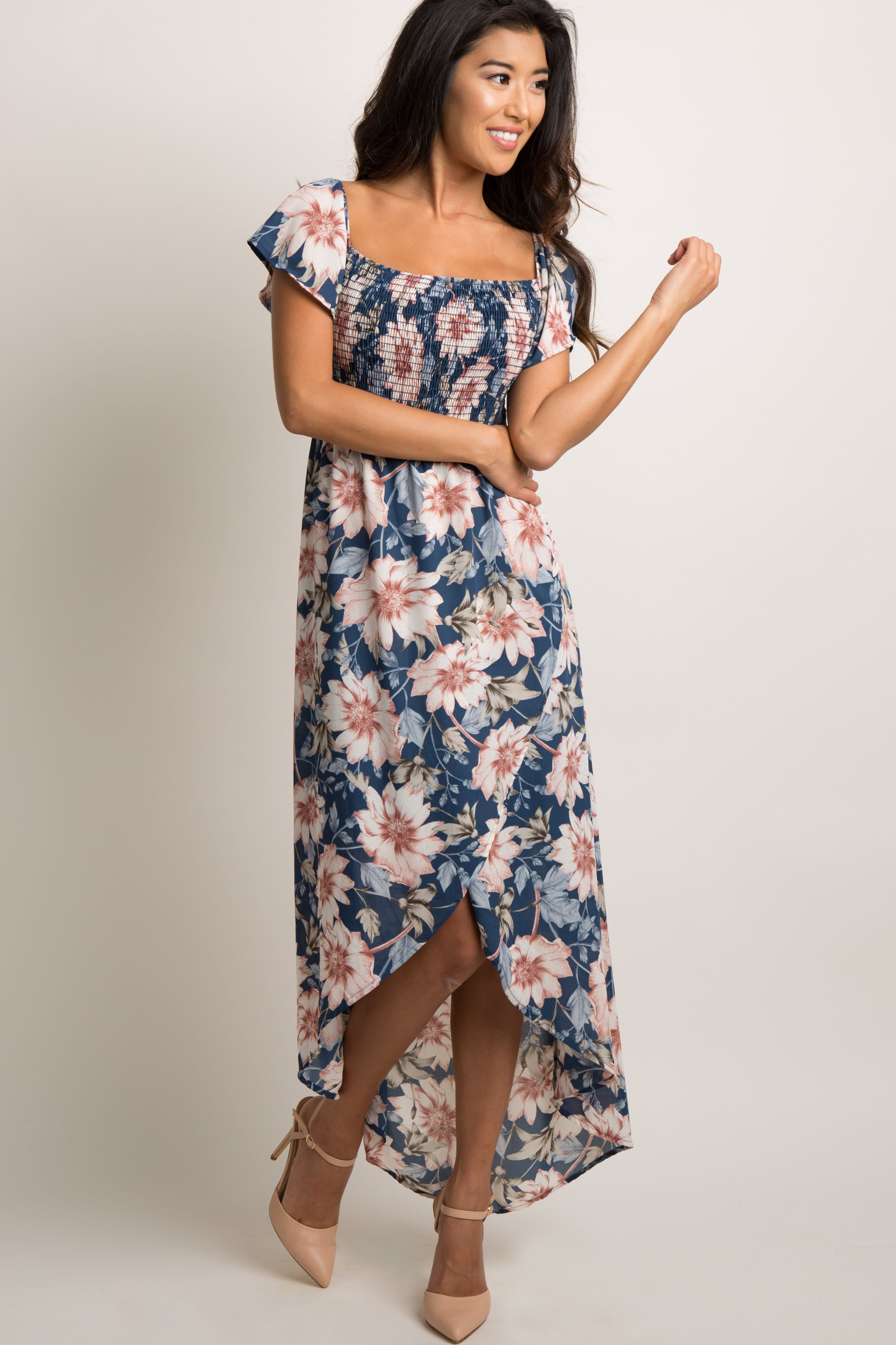 PinkBlush Blue Floral Off Shoulder Smocked Wrap Dress sold by Pinkblush product image thumbnail 2