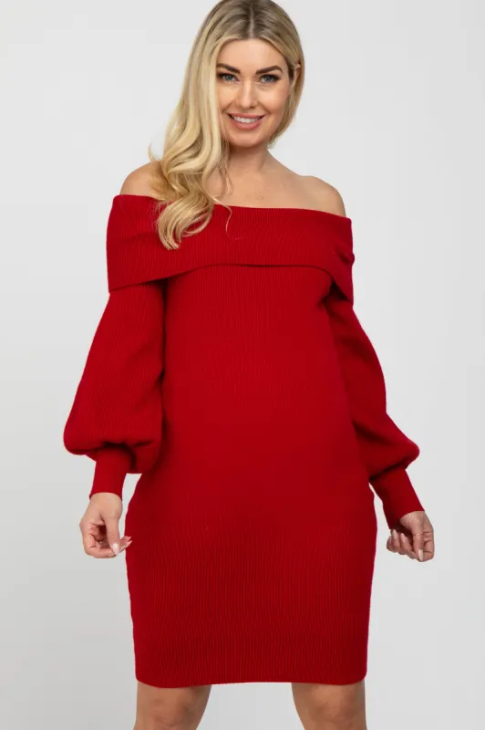 Red Off Shoulder Bubble Sleeve Maternity Sweater Dress sold by Pinkblush
