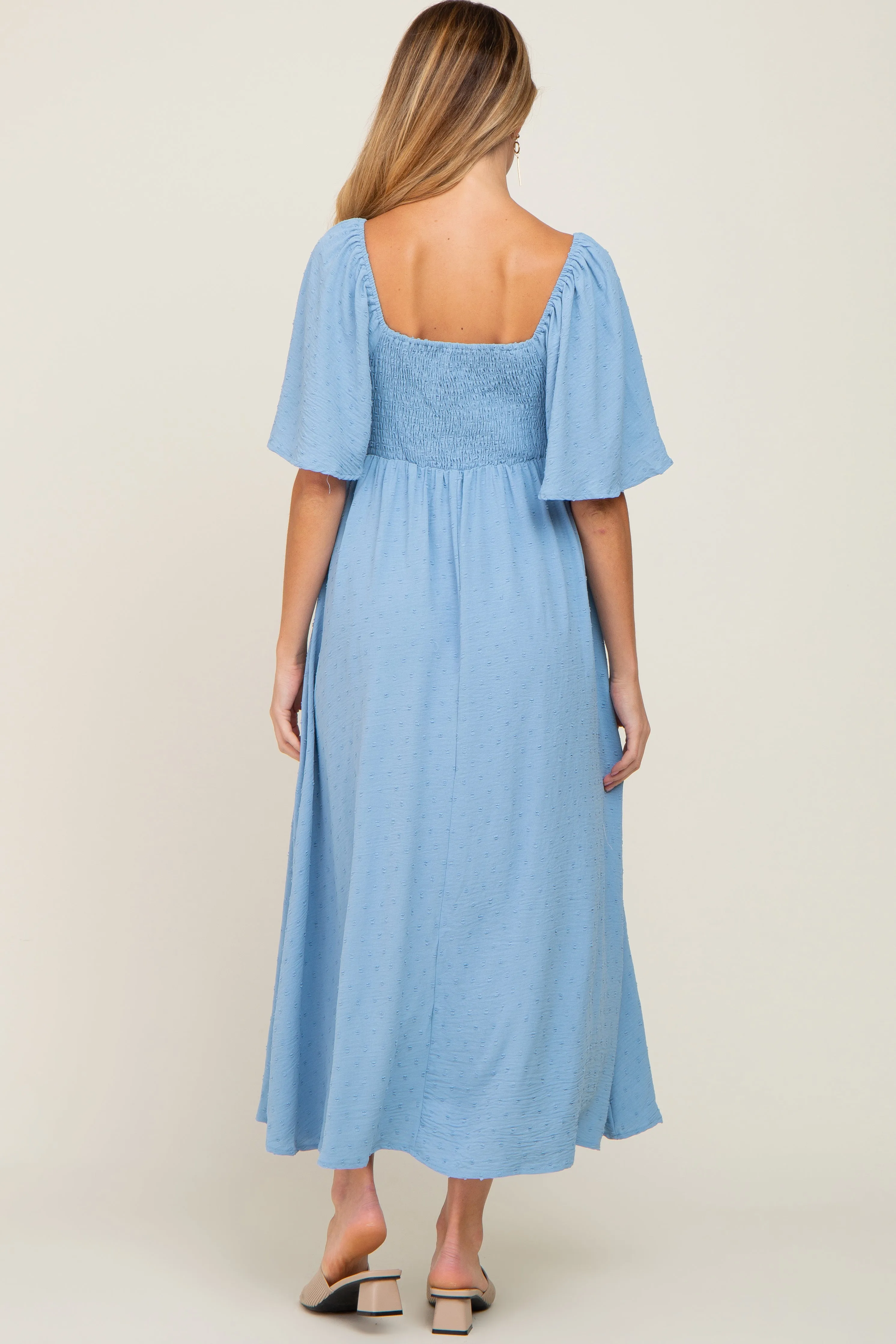 Blue Textured Dot Front Tie Ruffle Sleeve Maternity Midi Dress sold by Pinkblush product image thumbnail 3