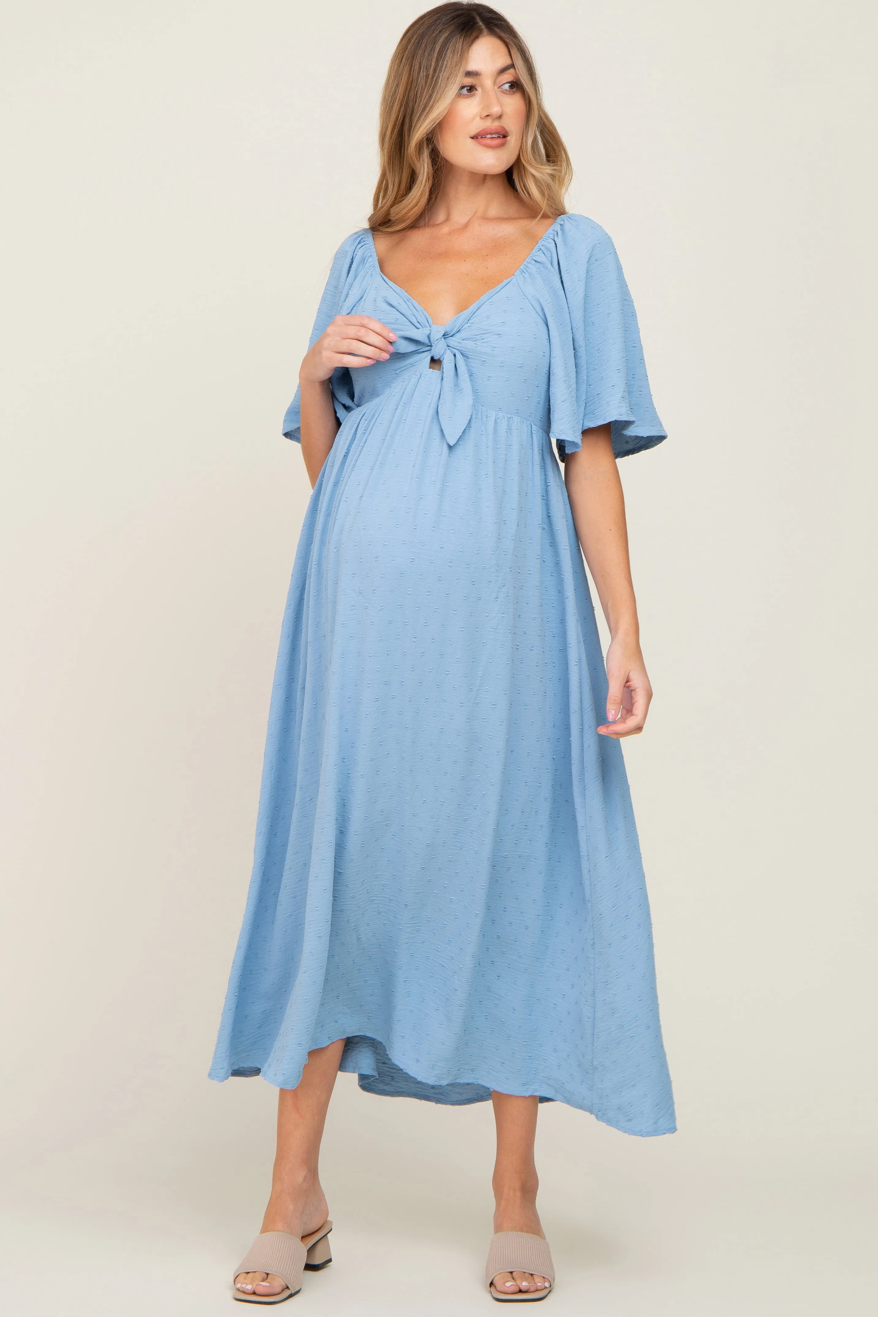 Blue Textured Dot Front Tie Ruffle Sleeve Maternity Midi Dress sold by Pinkblush