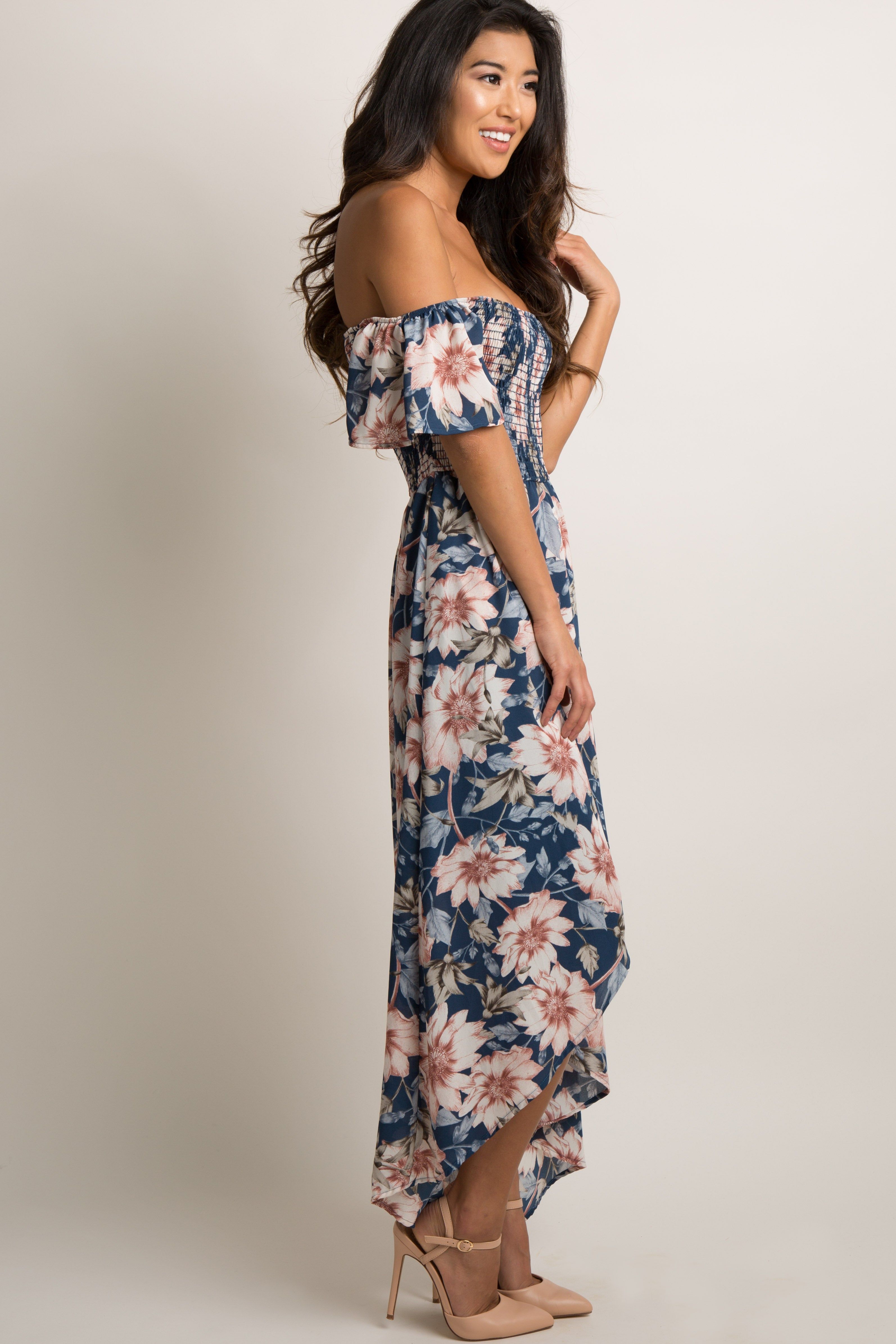 PinkBlush Blue Floral Off Shoulder Smocked Wrap Dress sold by Pinkblush product image thumbnail 3