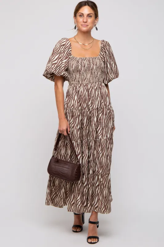 Brown Printed Smocked Maxi Dress sold by Pinkblush
