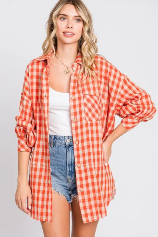 Orange Mixed Plaid Fringe Button Down Top sold by Pinkblush