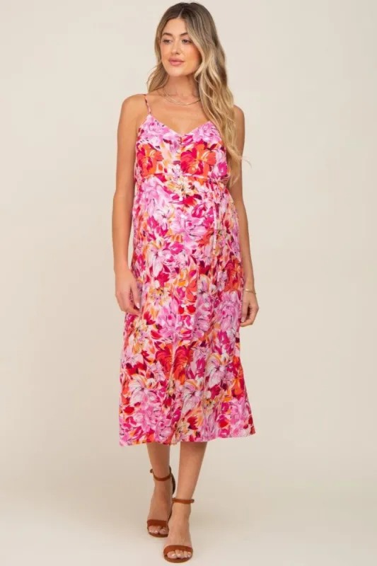 Fuchsia Floral Button Down Maternity Midi Dress sold by Pinkblush