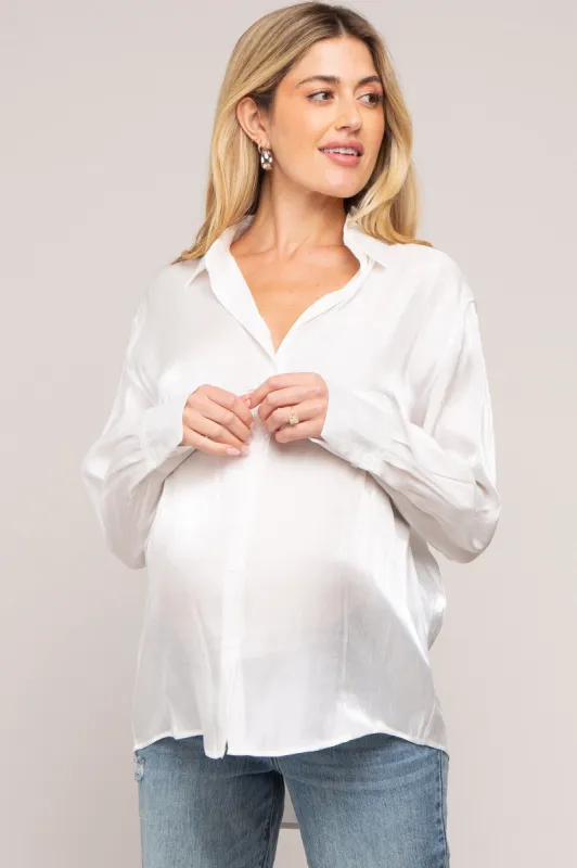 White Shimmer Satin Button Up Long Sleeve Maternity Blouse sold by Pinkblush